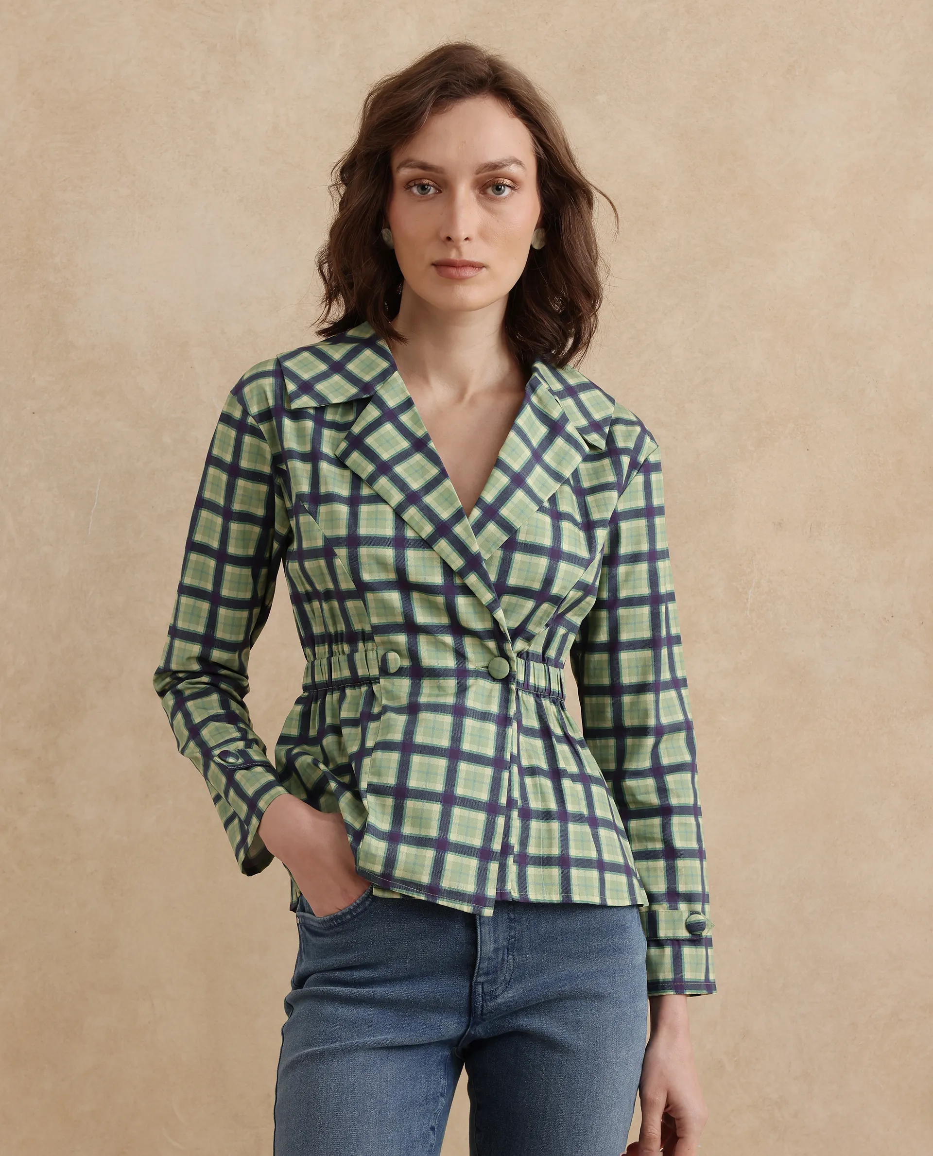 Rareism Women's Nolopo Olive Cotton Lapel Neck Flannel Print Regular Fit Top
