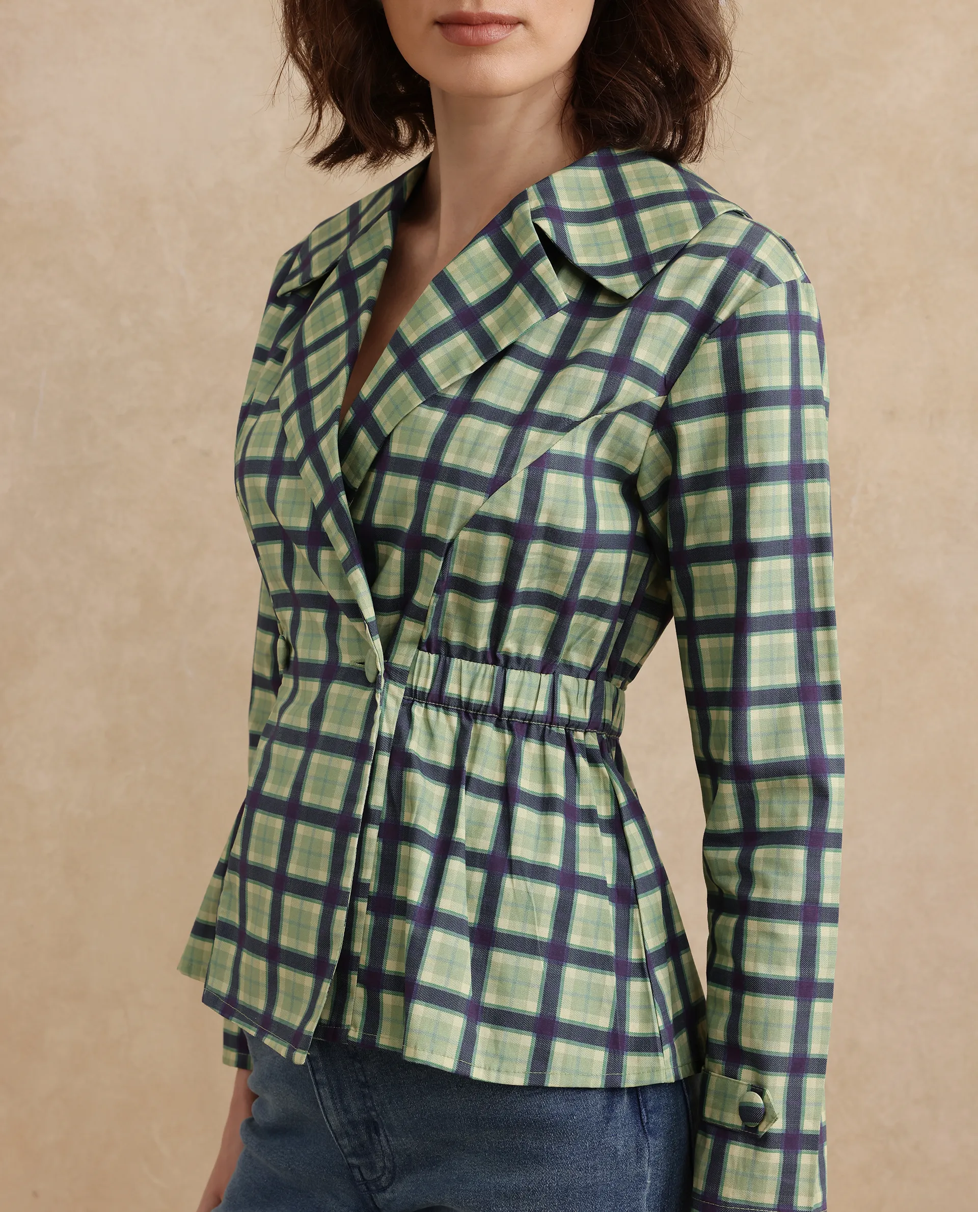 Rareism Women's Nolopo Olive Cotton Lapel Neck Flannel Print Regular Fit Top - Image 2