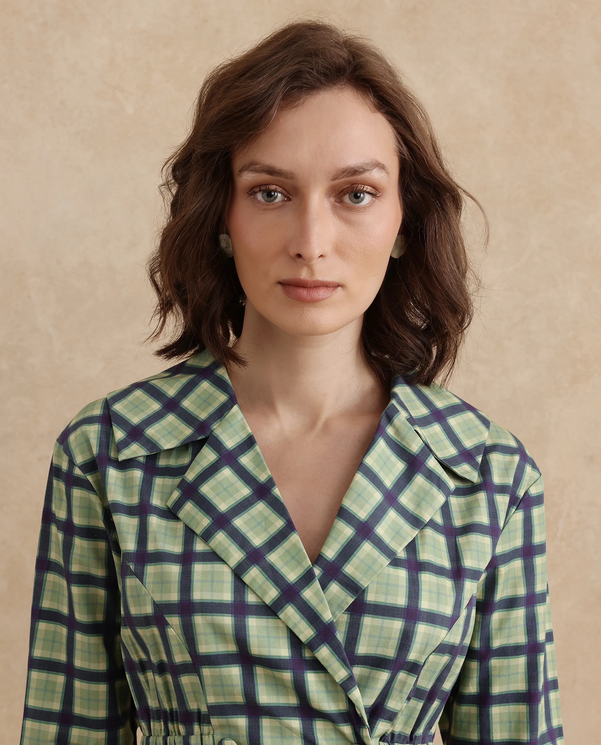 Rareism Women's Nolopo Olive Cotton Lapel Neck Flannel Print Regular Fit Top - Image 3