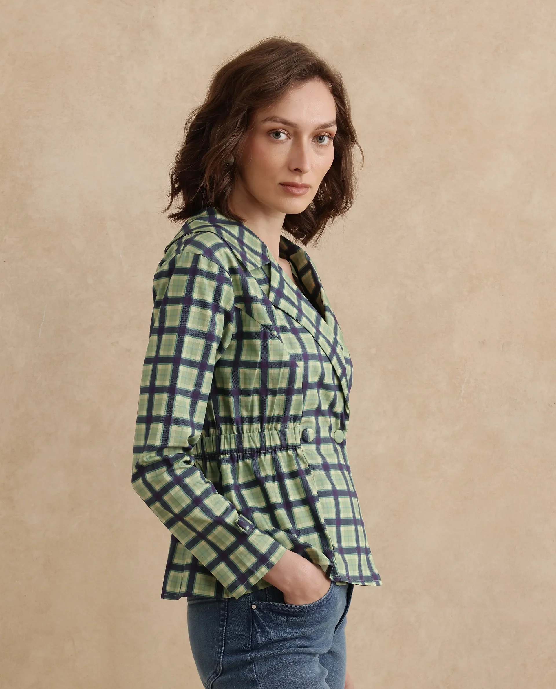 Rareism Women's Nolopo Olive Cotton Lapel Neck Flannel Print Regular Fit Top - Image 4