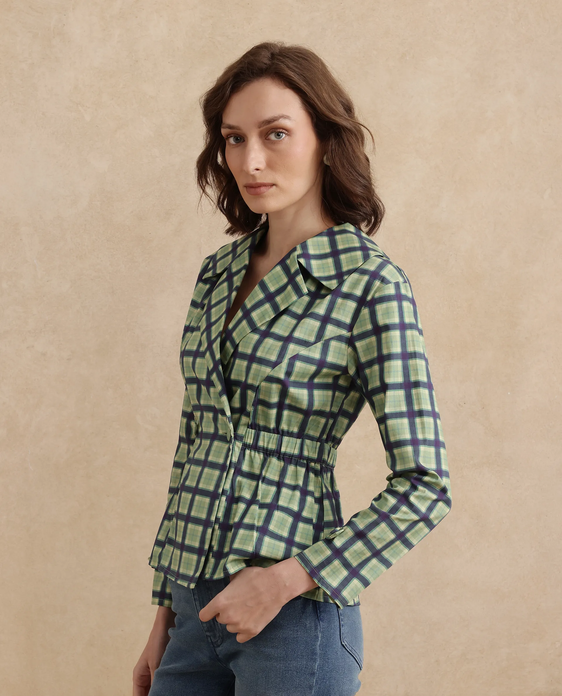 Rareism Women's Nolopo Olive Cotton Lapel Neck Flannel Print Regular Fit Top - Image 5