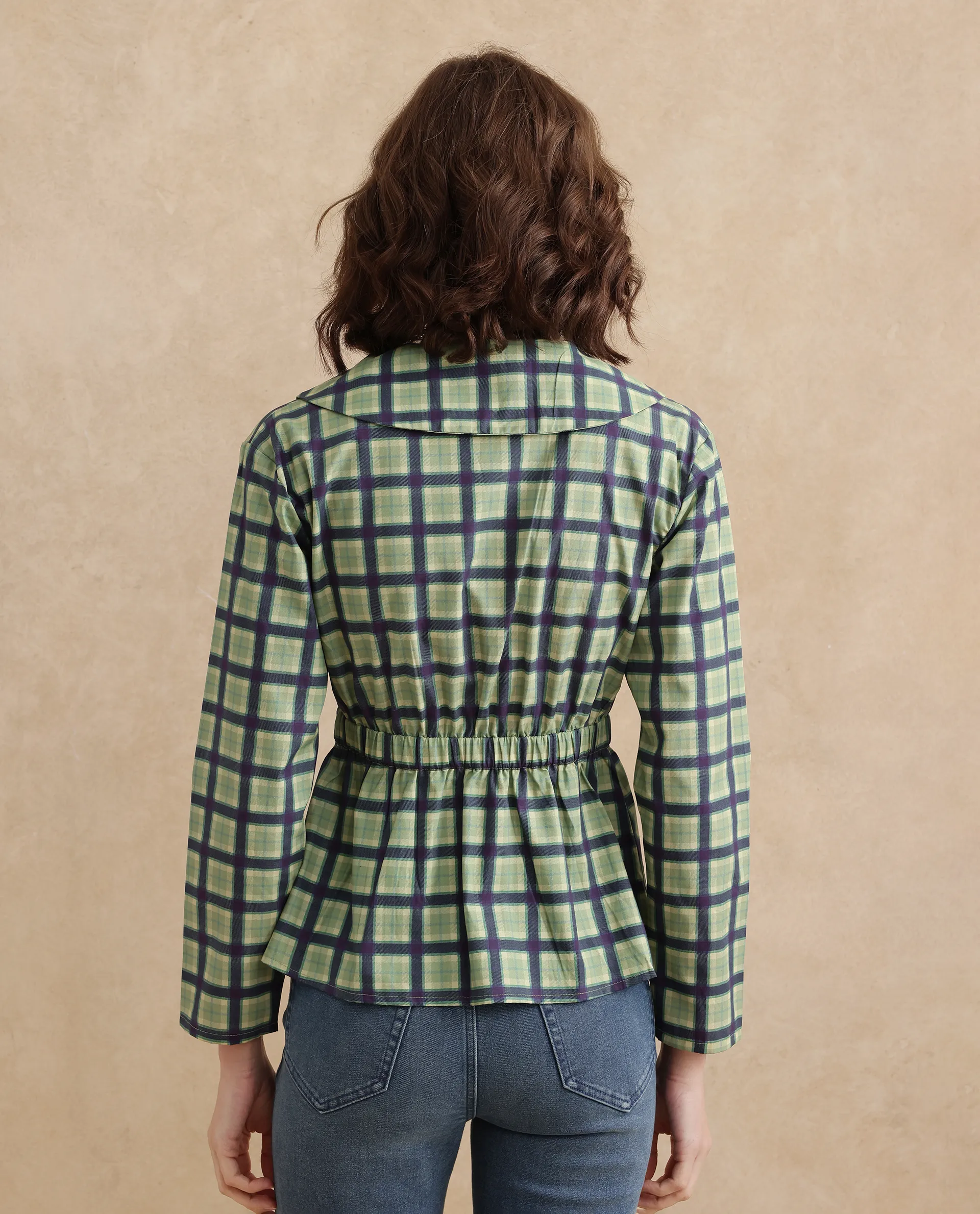 Rareism Women's Nolopo Olive Cotton Lapel Neck Flannel Print Regular Fit Top - Image 6