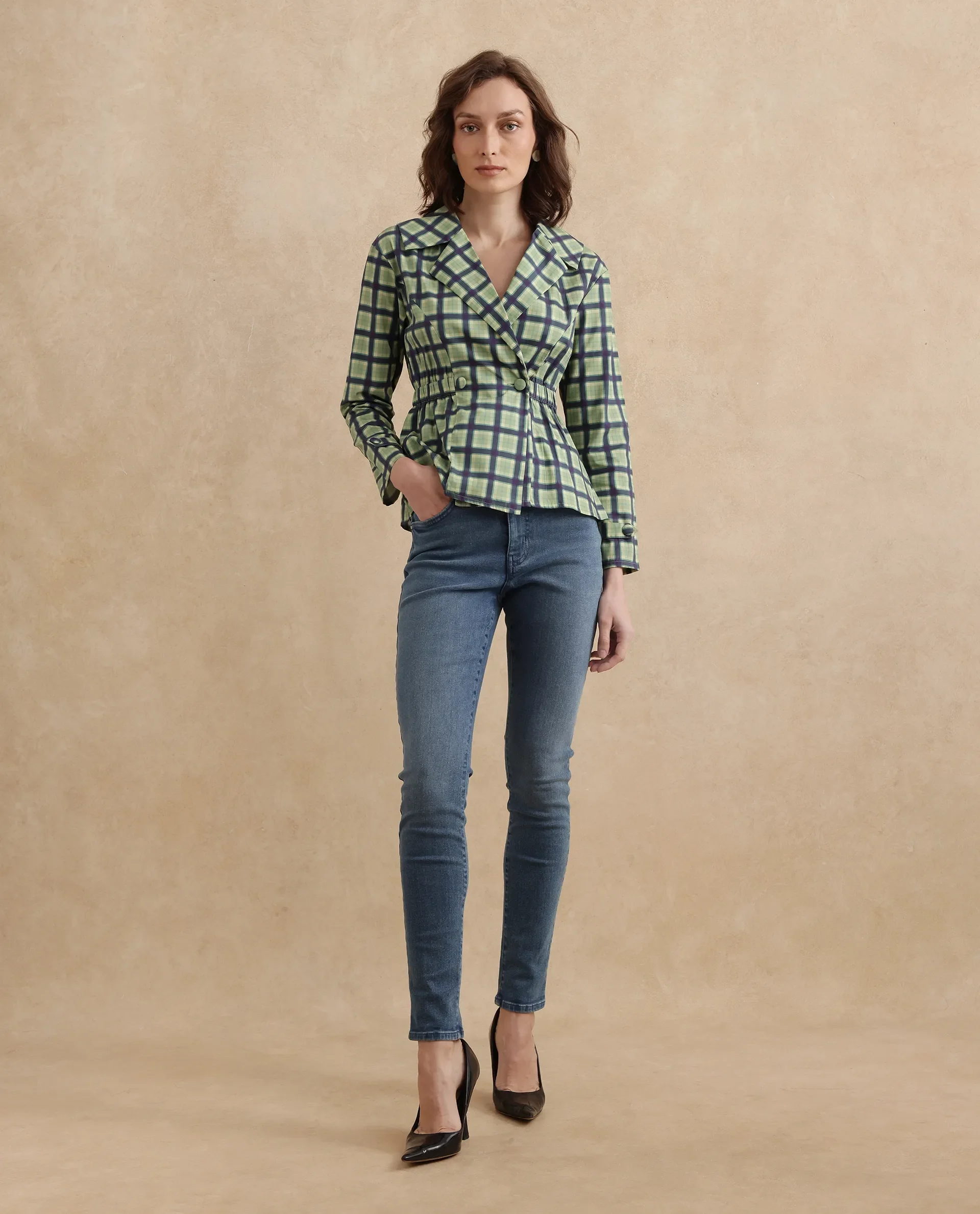 Rareism Women's Nolopo Olive Cotton Lapel Neck Flannel Print Regular Fit Top - Image 7