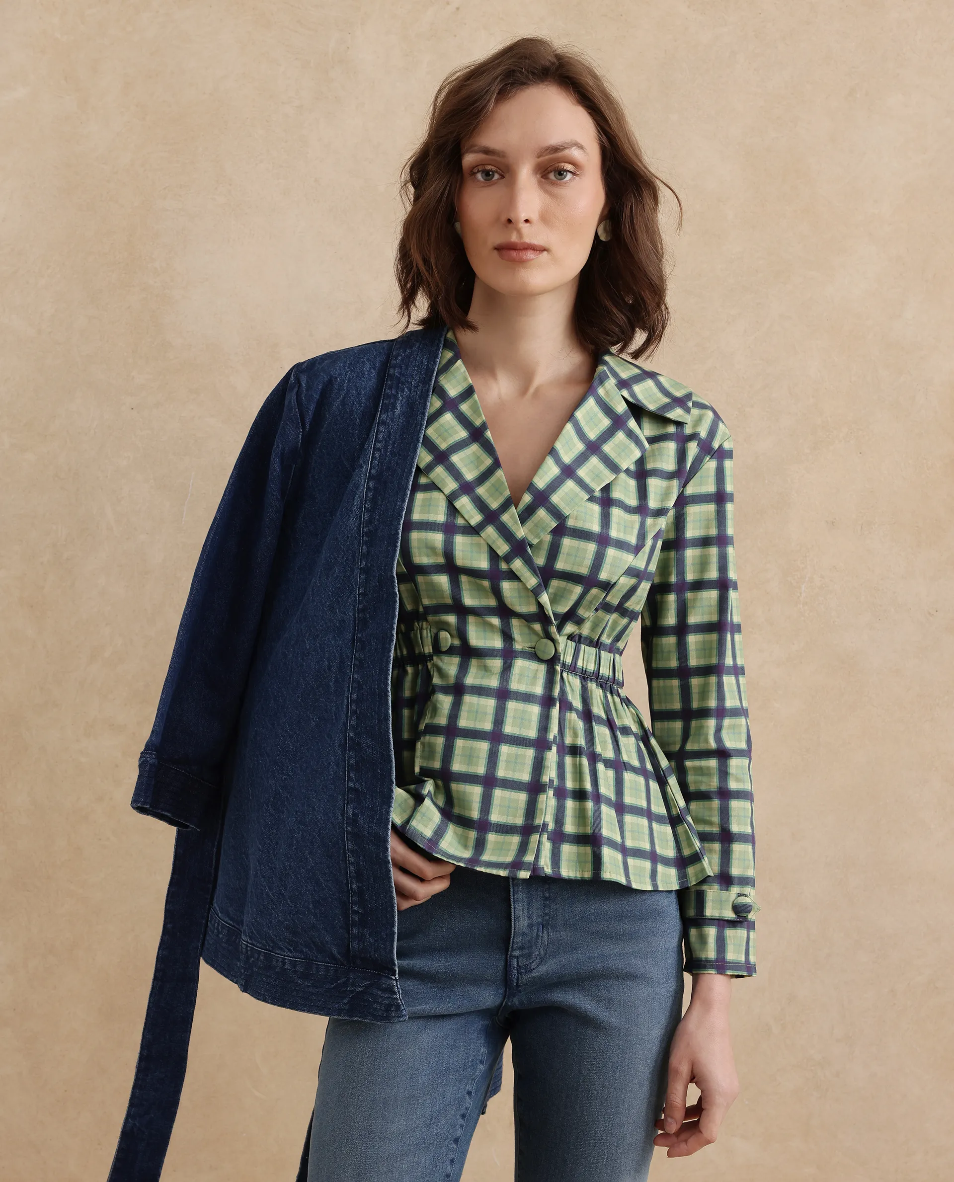 Rareism Women's Nolopo Olive Cotton Lapel Neck Flannel Print Regular Fit Top - Image 8