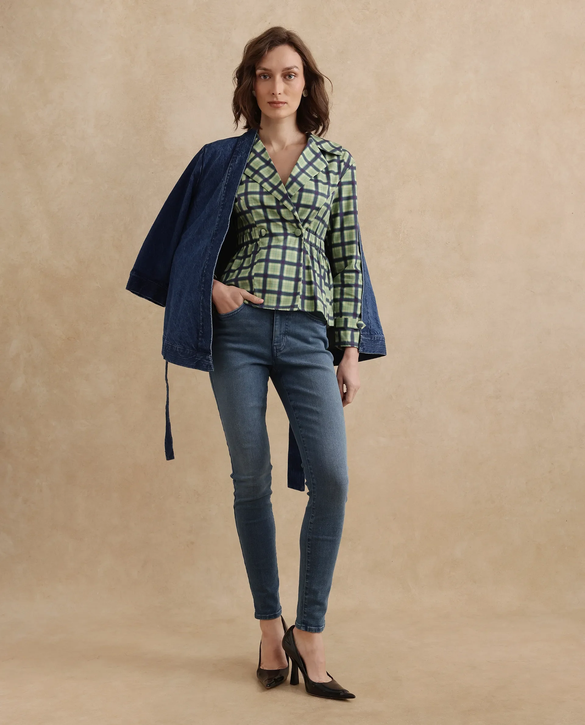 Rareism Women's Nolopo Olive Cotton Lapel Neck Flannel Print Regular Fit Top - Image 9