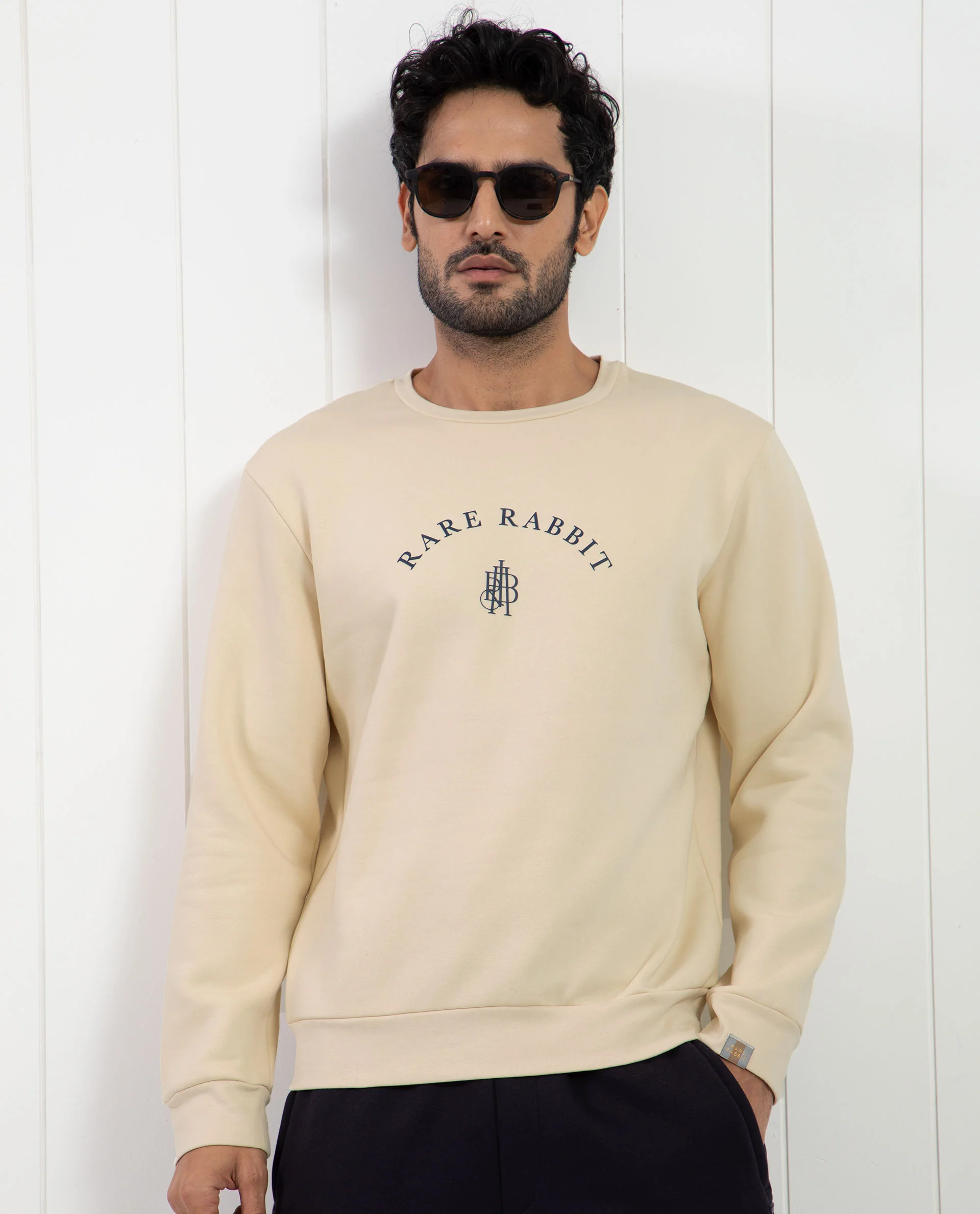Rare Rabbit Men's Nomic Light Yellow Cotton Graphic Print Regular Fit Full Sleeve Crew Neck Sweatshirt - Image 2