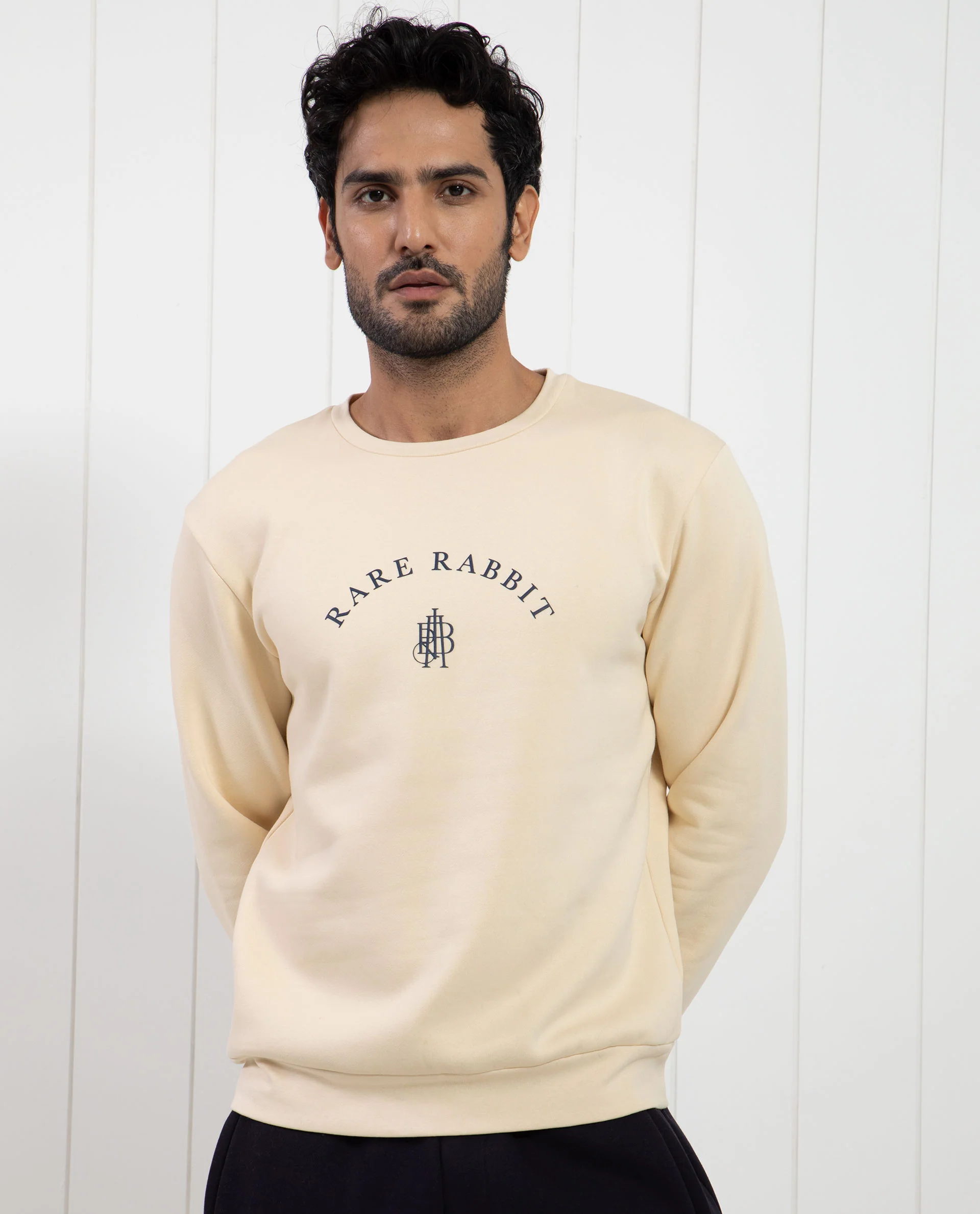 Rare Rabbit Men's Nomic Light Yellow Cotton Graphic Print Regular Fit Full Sleeve Crew Neck Sweatshirt - Image 3