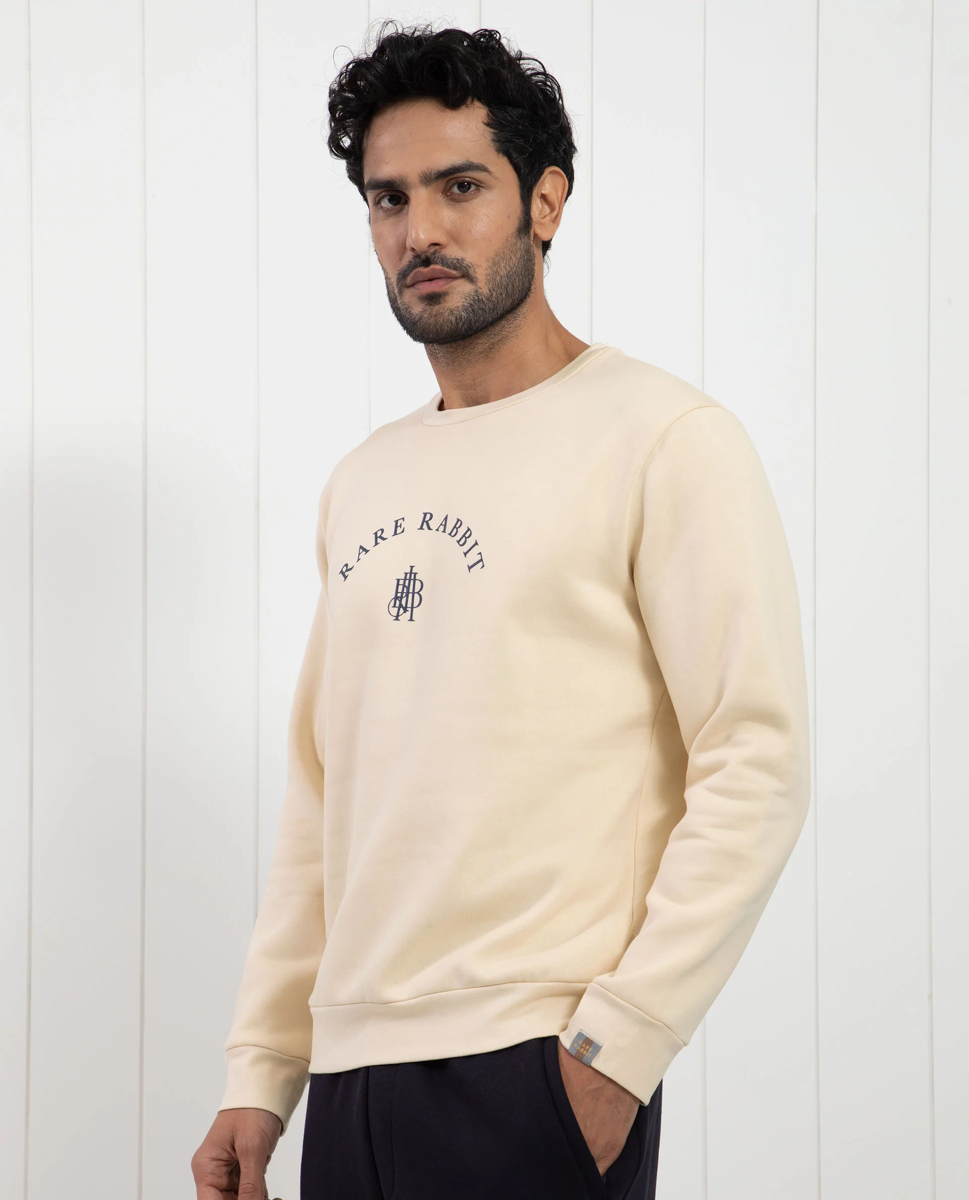 Rare Rabbit Men's Nomic Light Yellow Cotton Graphic Print Regular Fit Full Sleeve Crew Neck Sweatshirt - Image 6