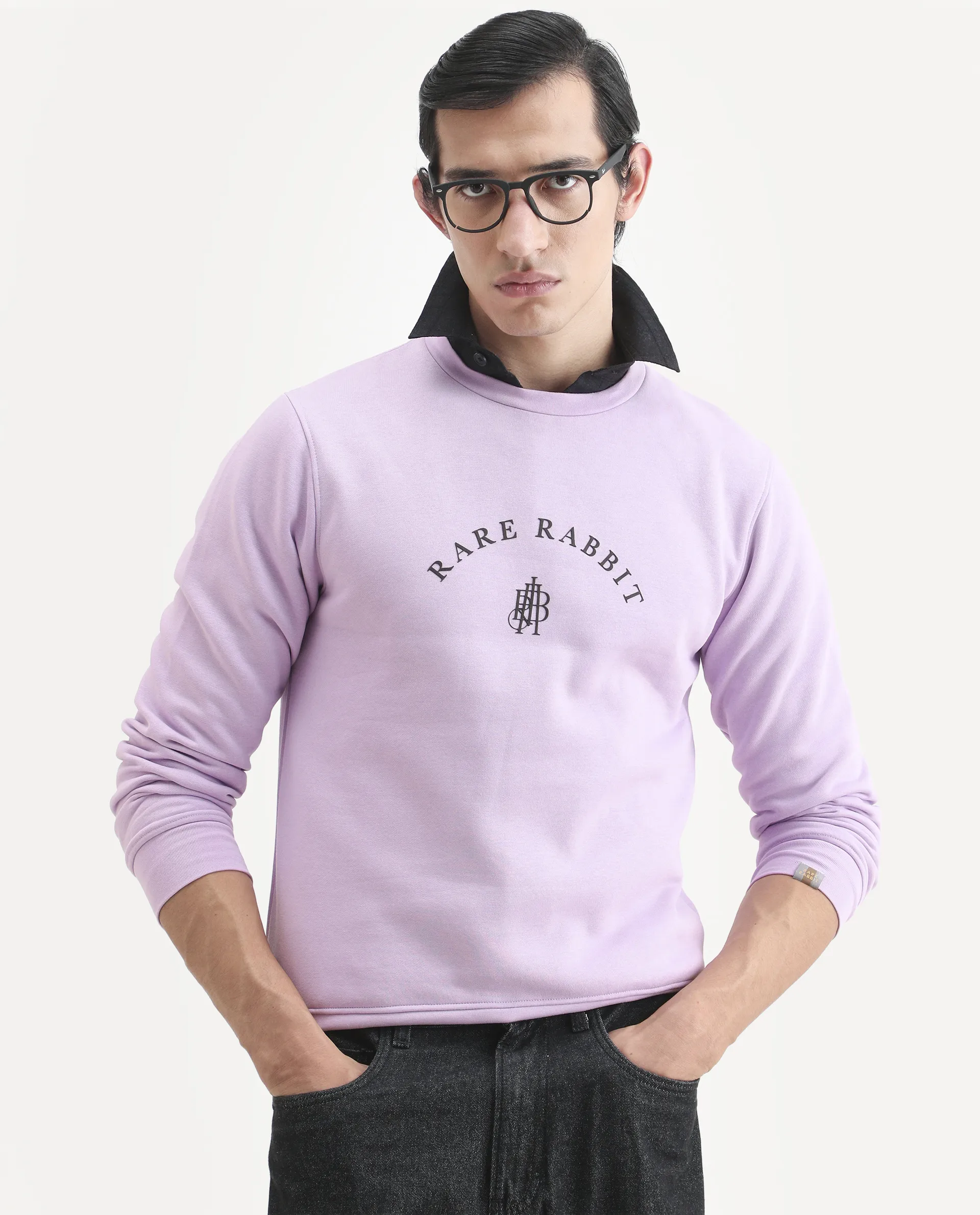 Rare Rabbit Men's Nomic Pastel Purple Cotton Graphic Print Regular Fit Full Sleeve Crew Neck Sweatshirt