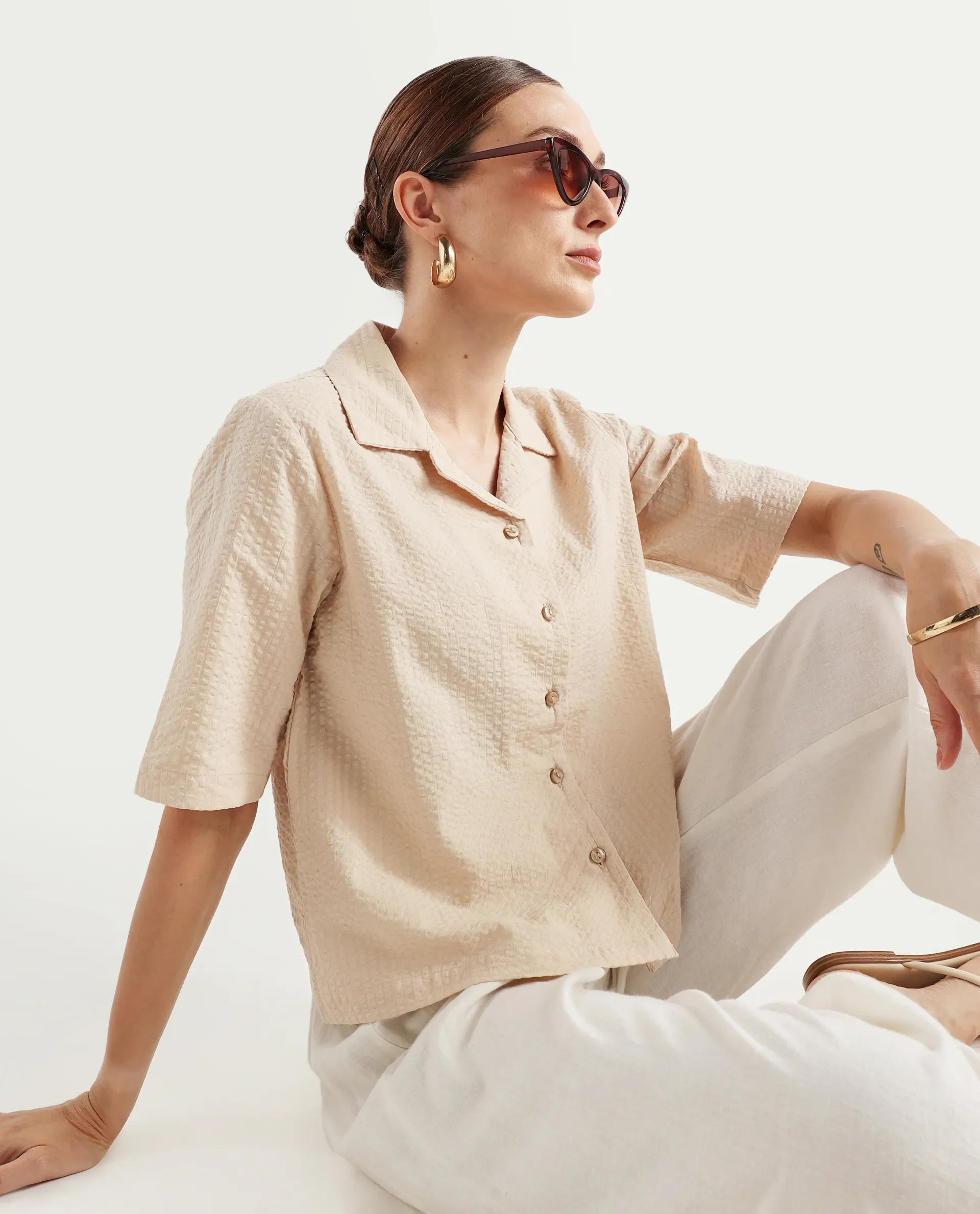 Rareism Women's Nomiki Beige Cotton Spread Collar Plain Extended Sleeves Regular Fit Top