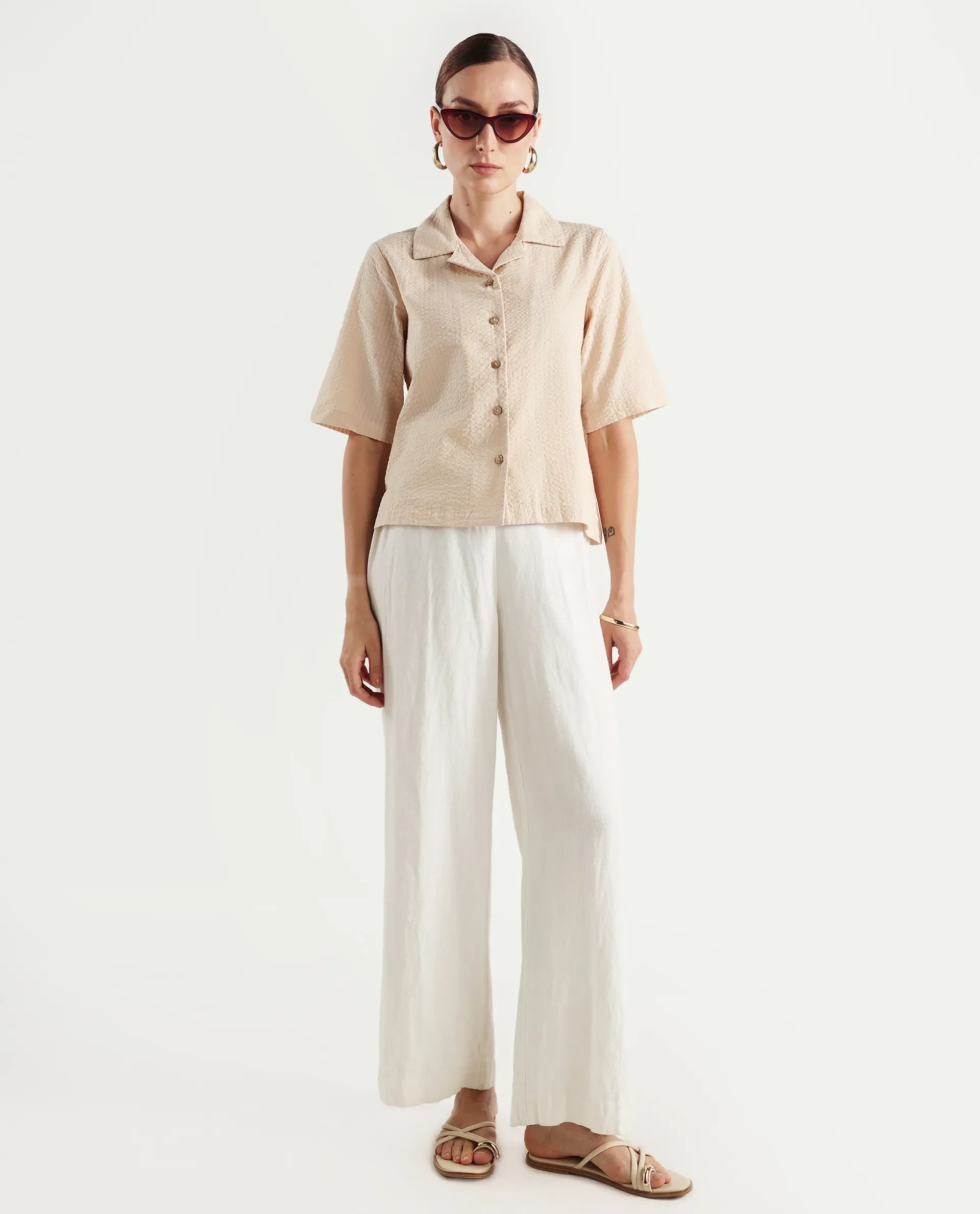 Rareism Women's Nomiki Beige Cotton Spread Collar Plain Extended Sleeves Regular Fit Top - Image 2