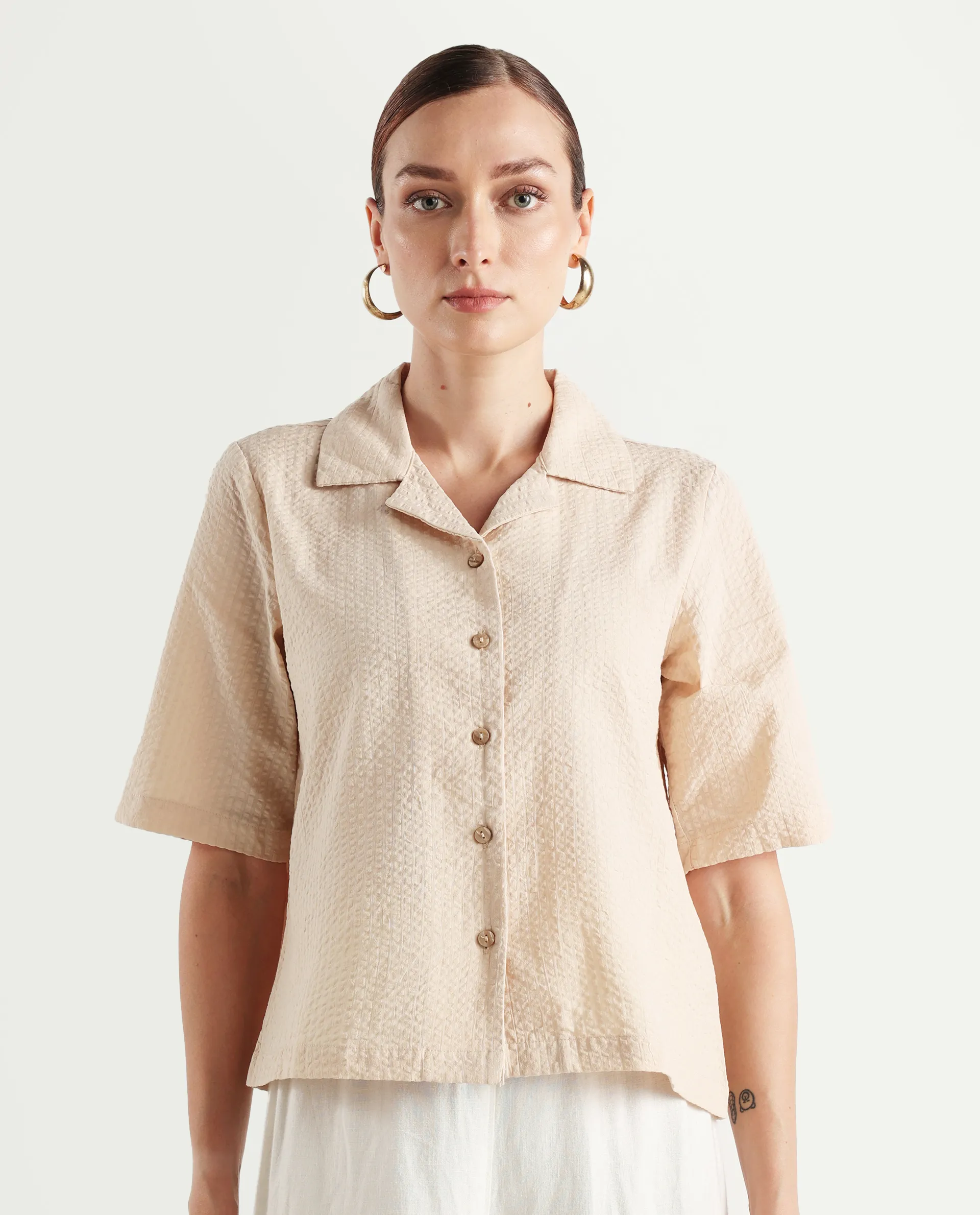 Rareism Women's Nomiki Beige Cotton Spread Collar Plain Extended Sleeves Regular Fit Top - Image 3