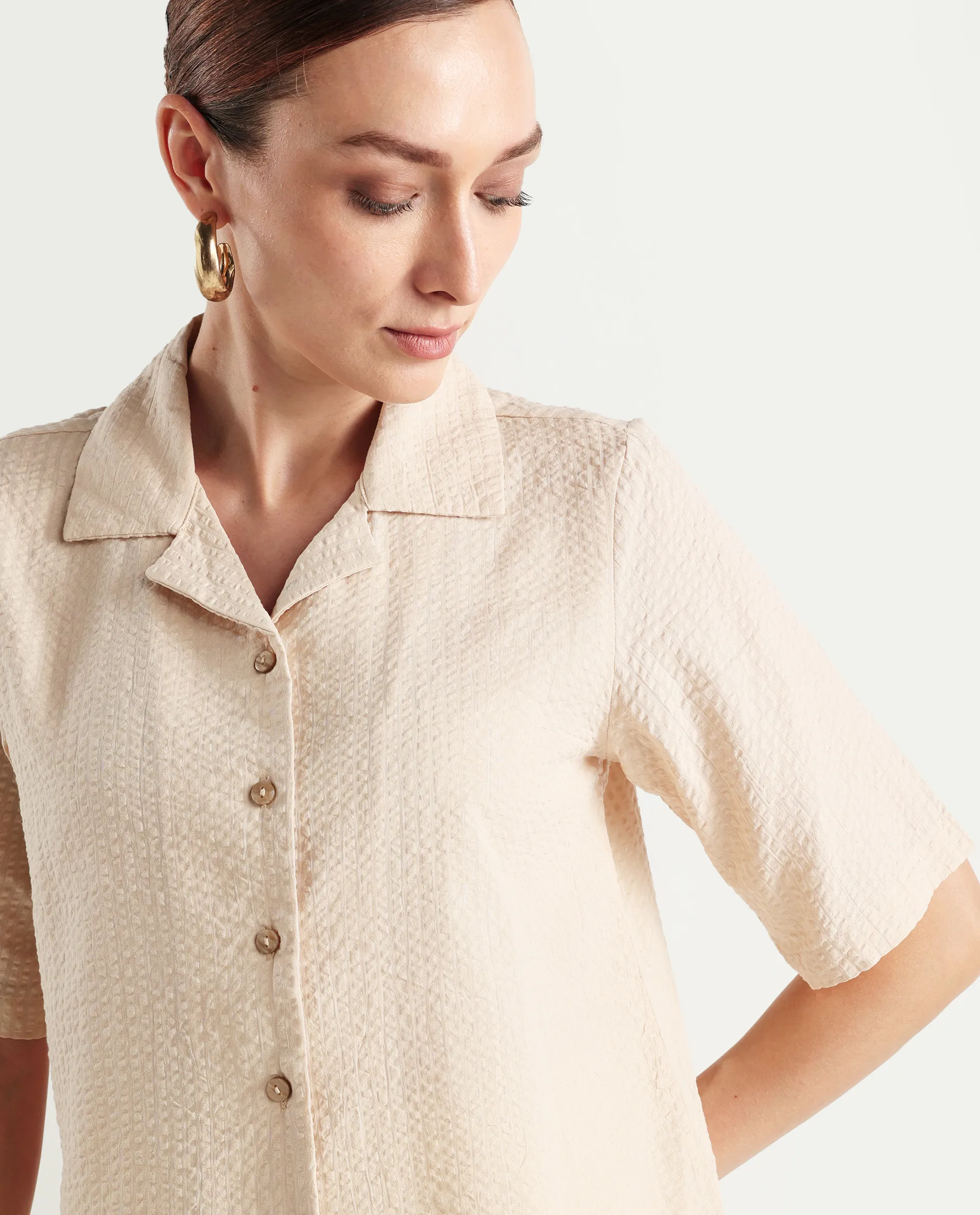 Rareism Women's Nomiki Beige Cotton Spread Collar Plain Extended Sleeves Regular Fit Top - Image 4
