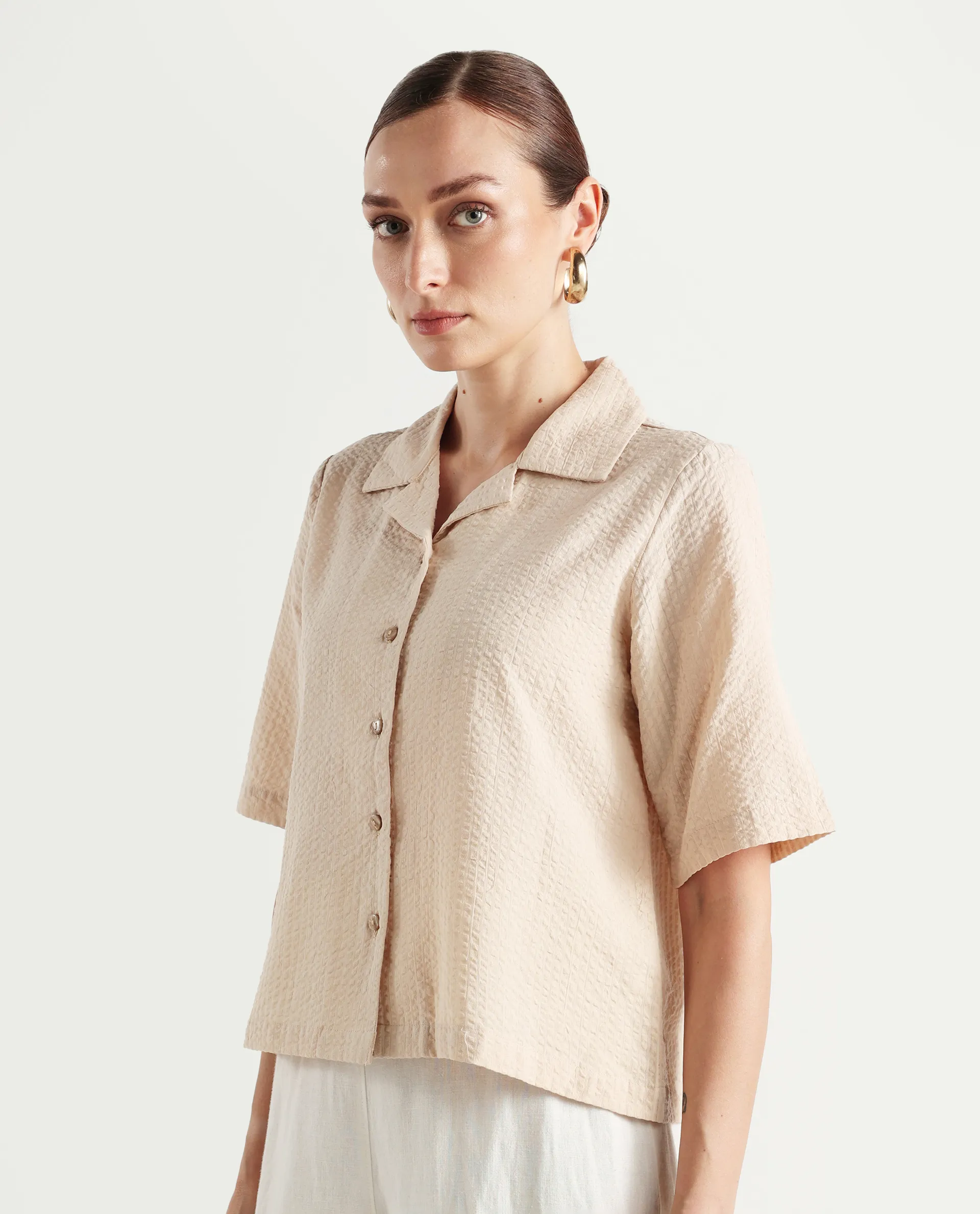 Rareism Women's Nomiki Beige Cotton Spread Collar Plain Extended Sleeves Regular Fit Top - Image 5