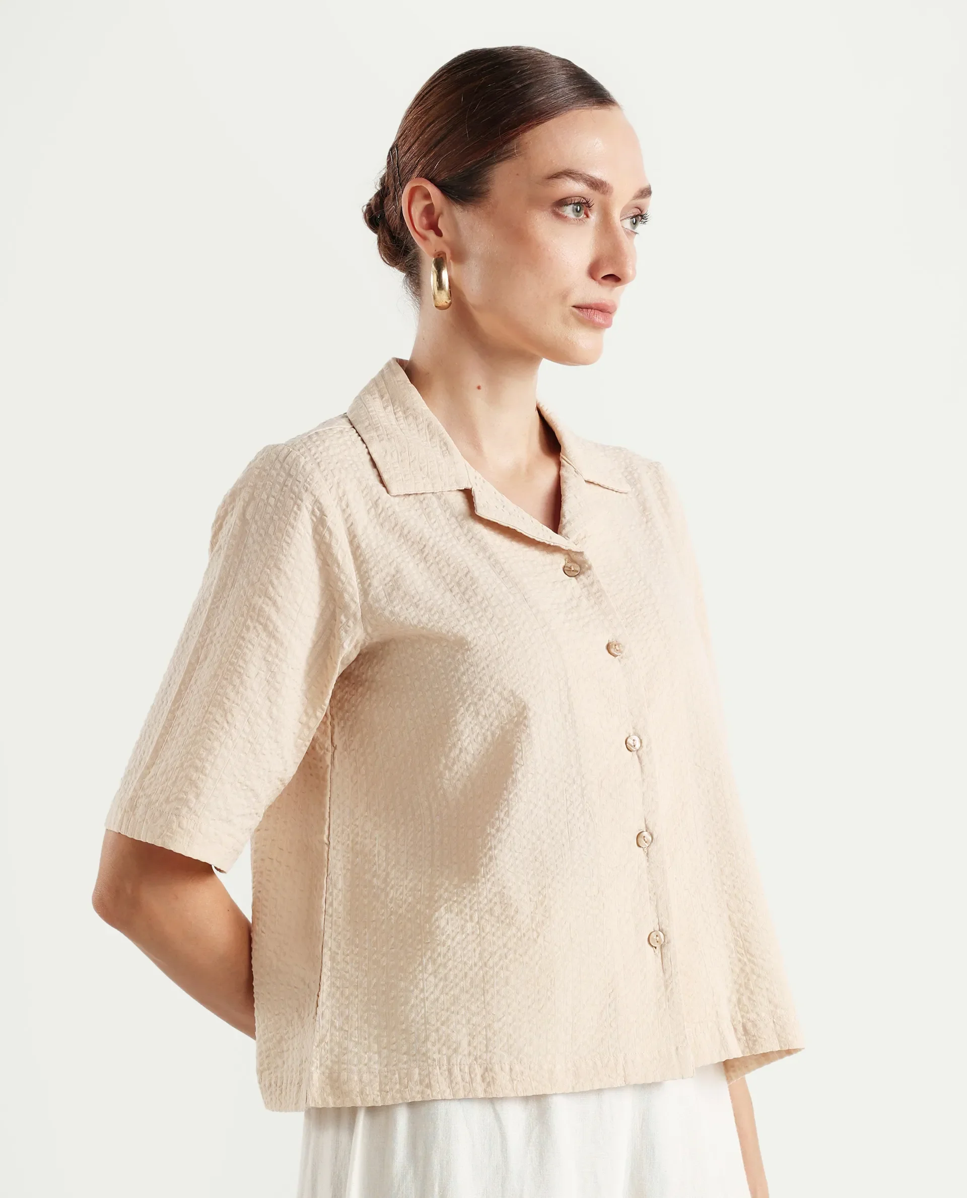 Rareism Women's Nomiki Beige Cotton Spread Collar Plain Extended Sleeves Regular Fit Top - Image 6