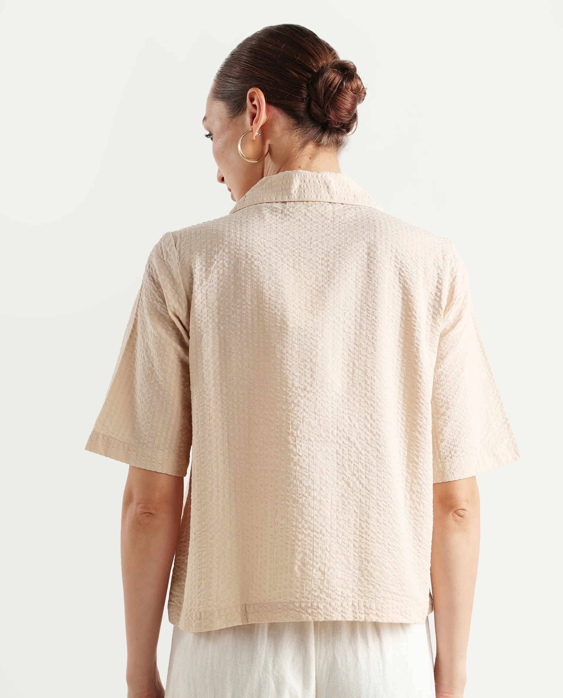 Rareism Women's Nomiki Beige Cotton Spread Collar Plain Extended Sleeves Regular Fit Top - Image 7