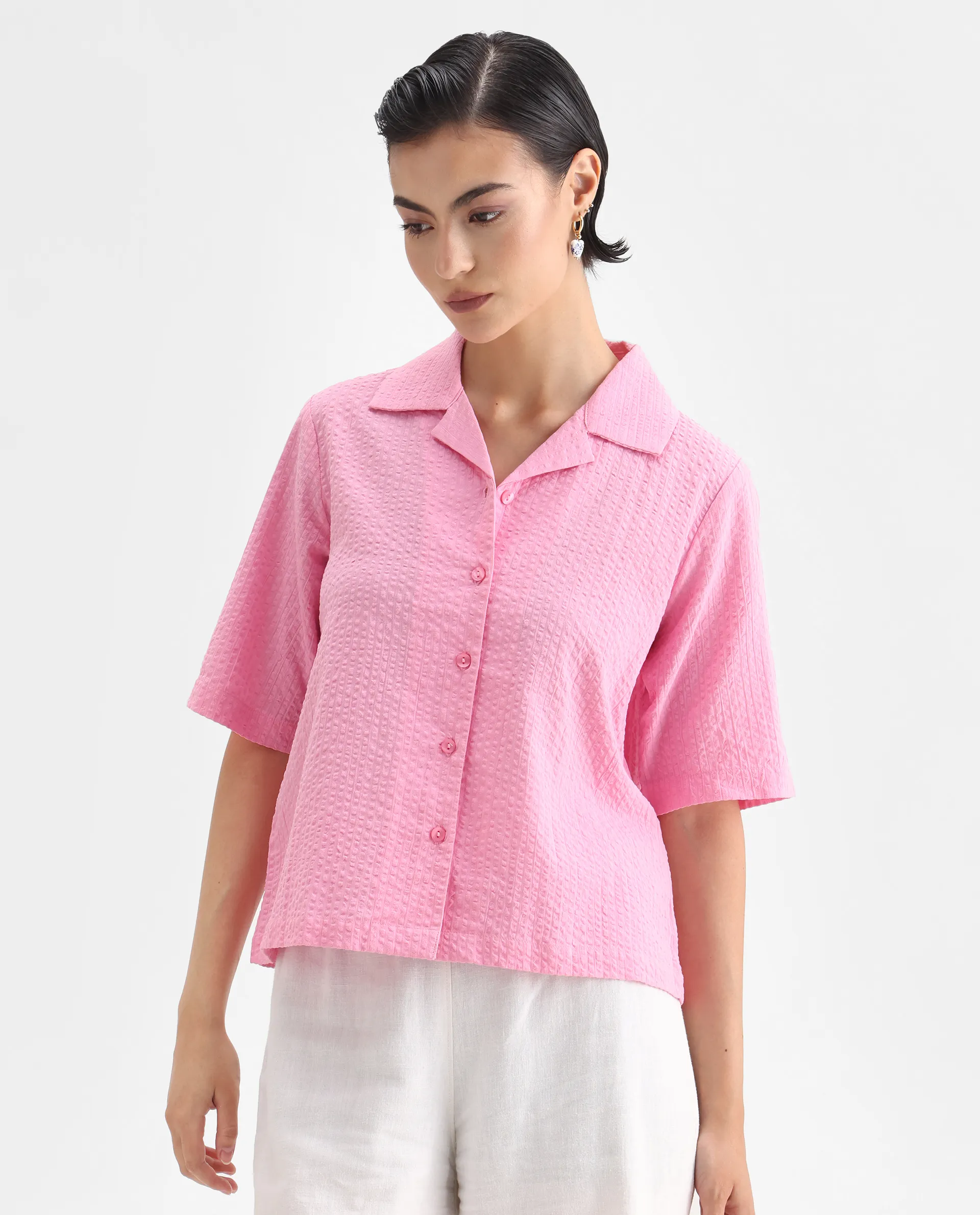 Rareism Women's Nomiki Pink Cotton Lapel Neck Plain Regular Fit Top - Image 3
