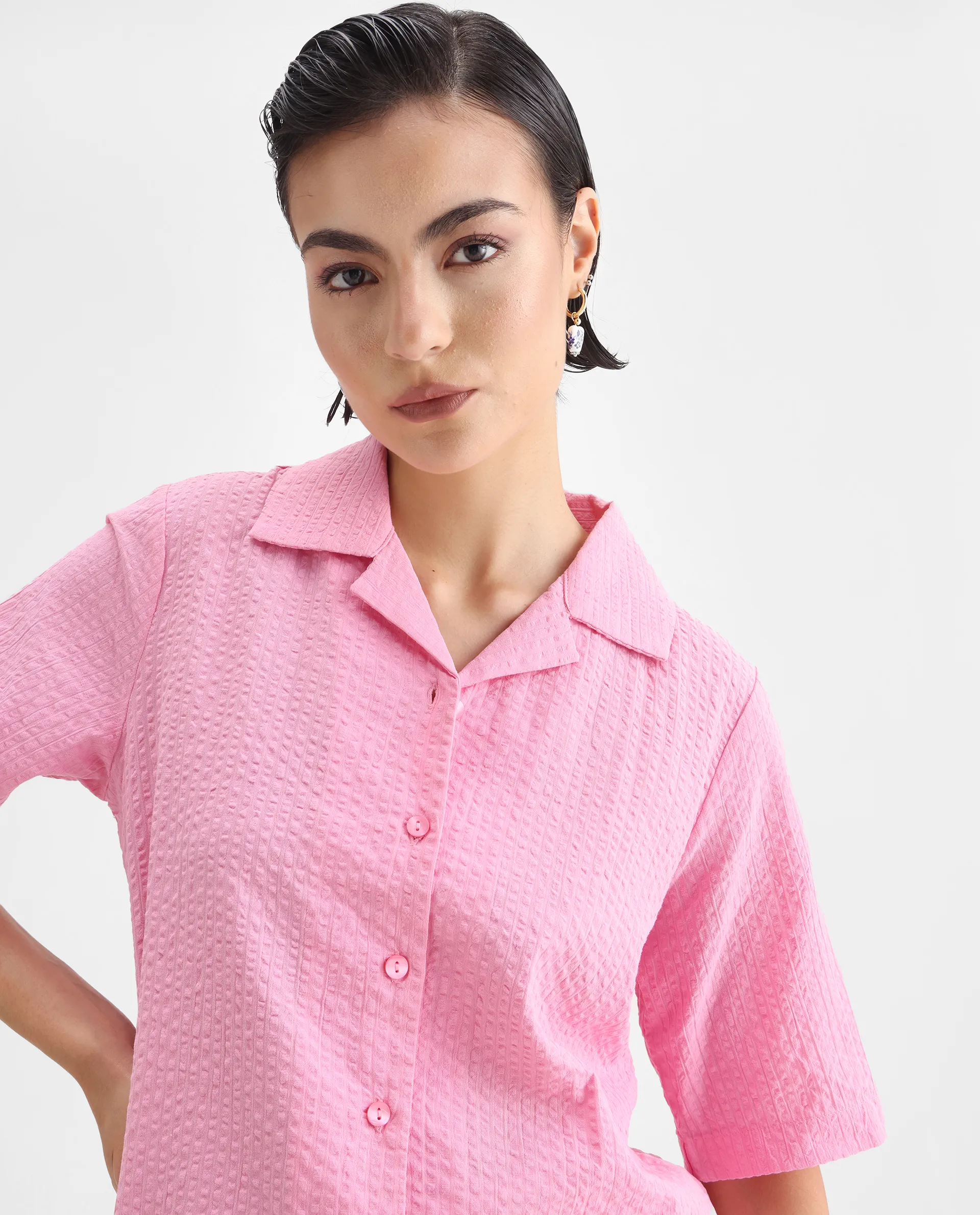 Rareism Women's Nomiki Pink Cotton Lapel Neck Plain Regular Fit Top - Image 4