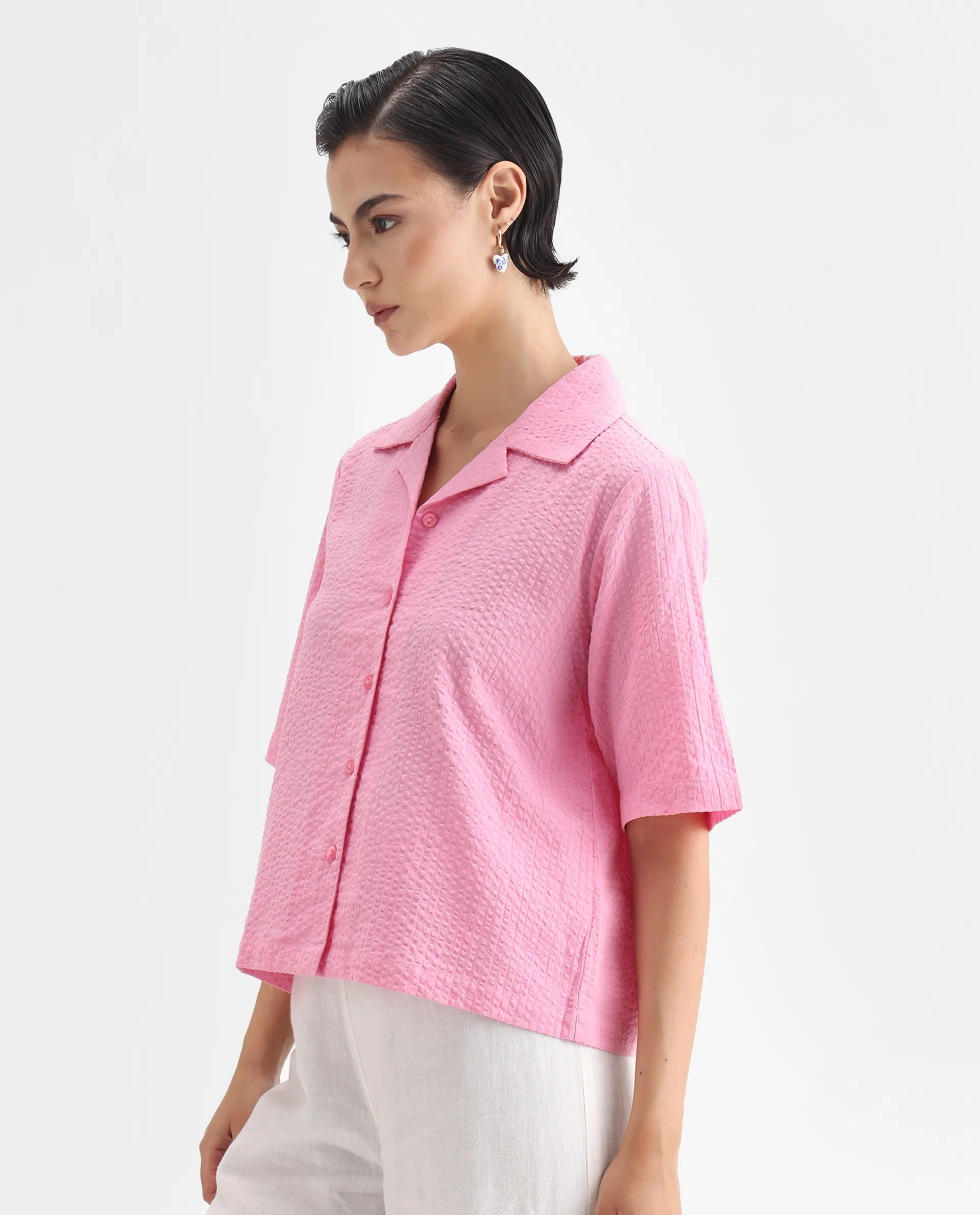 Rareism Women's Nomiki Pink Cotton Lapel Neck Plain Regular Fit Top - Image 5
