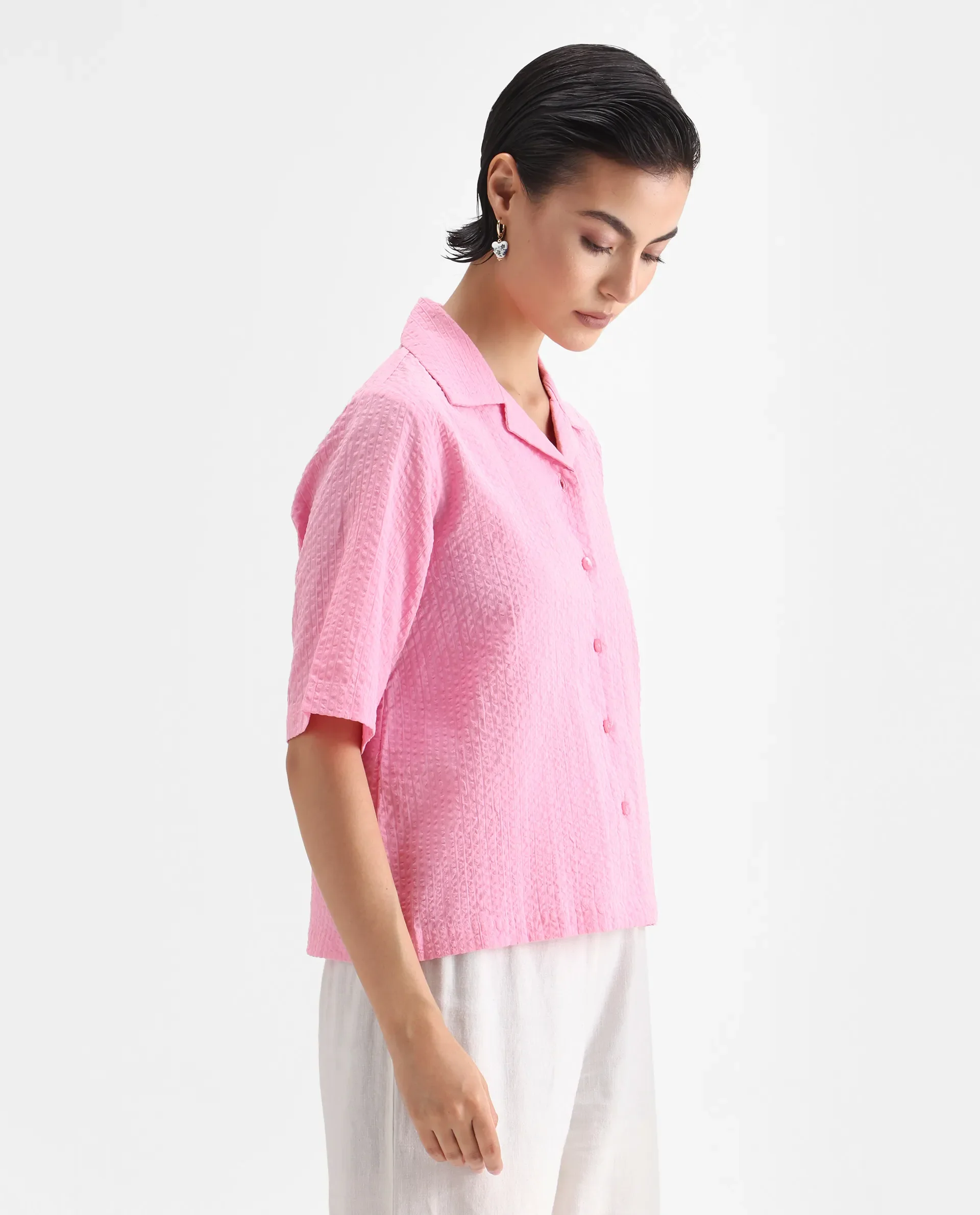 Rareism Women's Nomiki Pink Cotton Lapel Neck Plain Regular Fit Top - Image 6