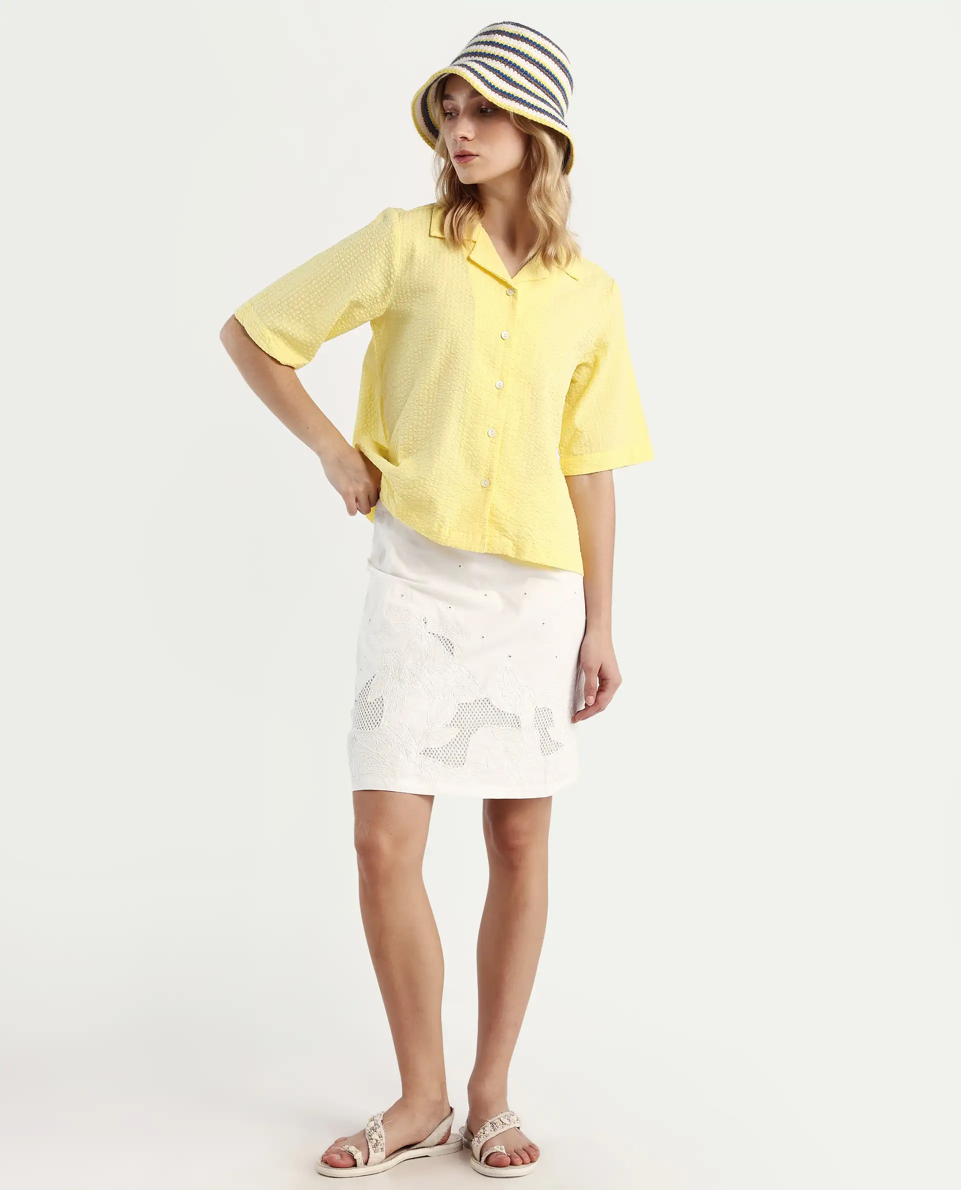 Rareism Women's Nomiki Yellow Cotton Lapel Neck Plain Regular Fit Top - Image 2
