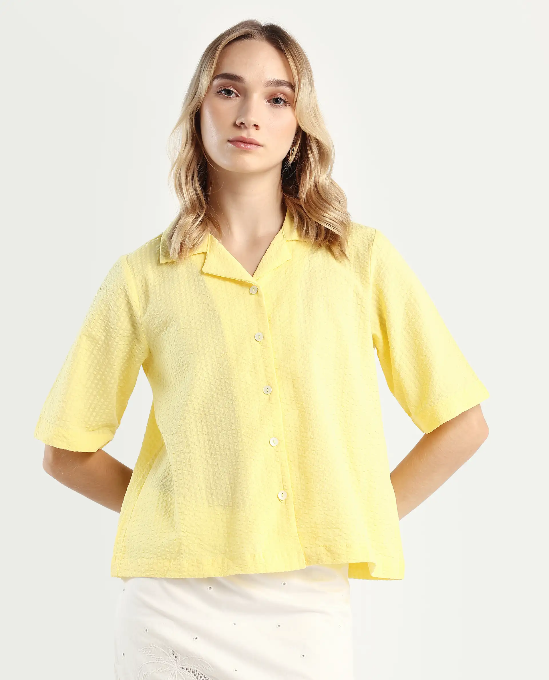 Rareism Women's Nomiki Yellow Cotton Lapel Neck Plain Regular Fit Top - Image 3