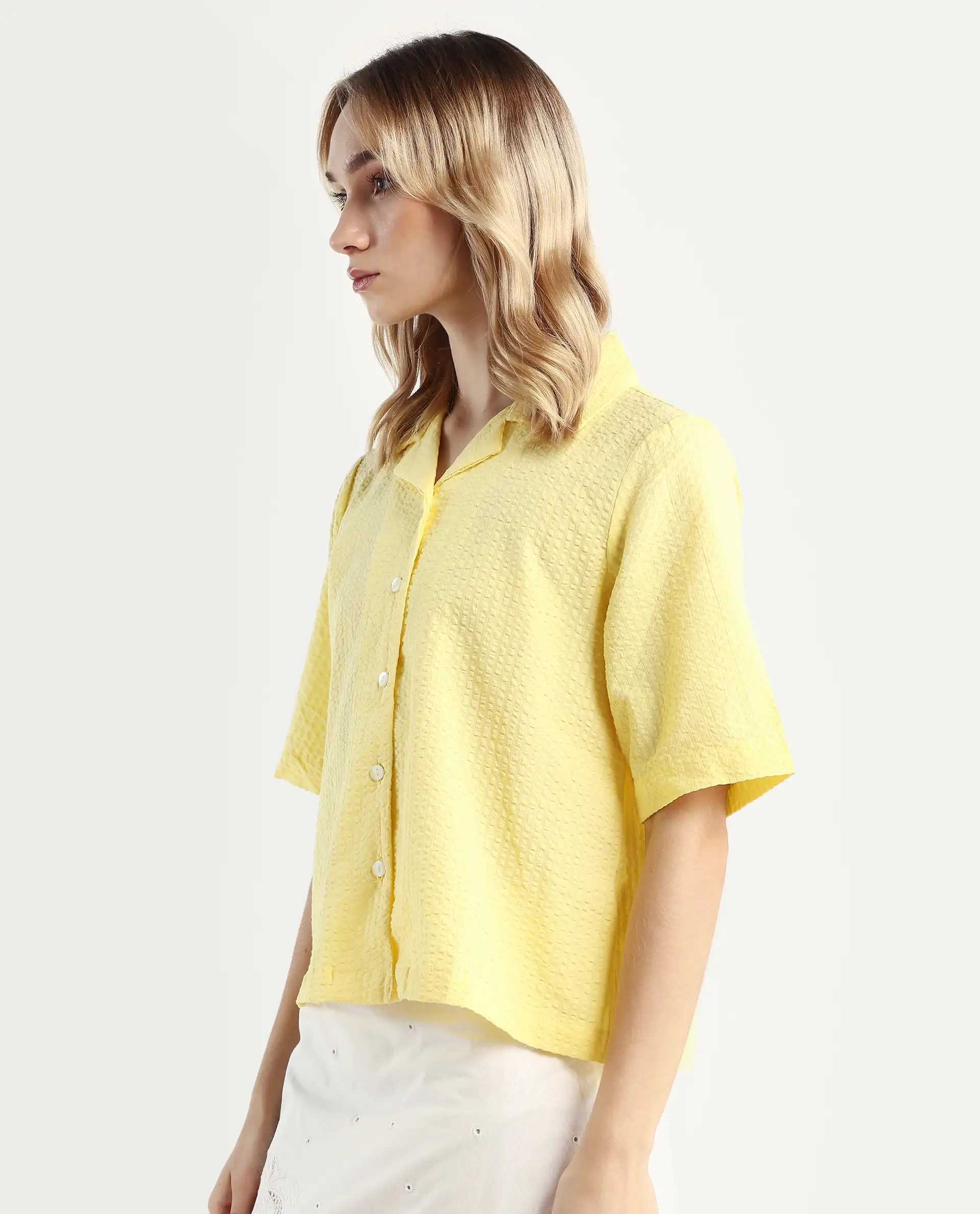 Rareism Women's Nomiki Yellow Cotton Lapel Neck Plain Regular Fit Top - Image 5