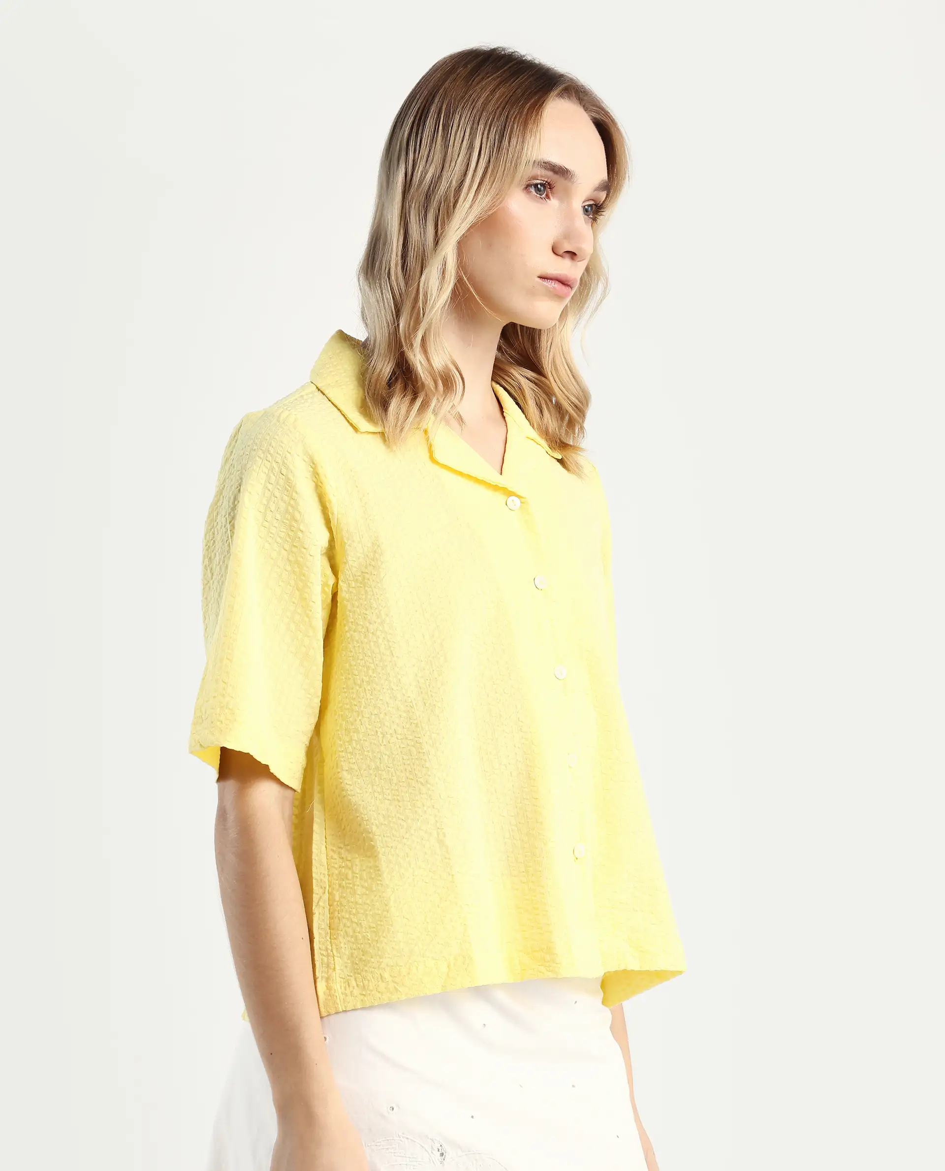 Rareism Women's Nomiki Yellow Cotton Lapel Neck Plain Regular Fit Top - Image 6