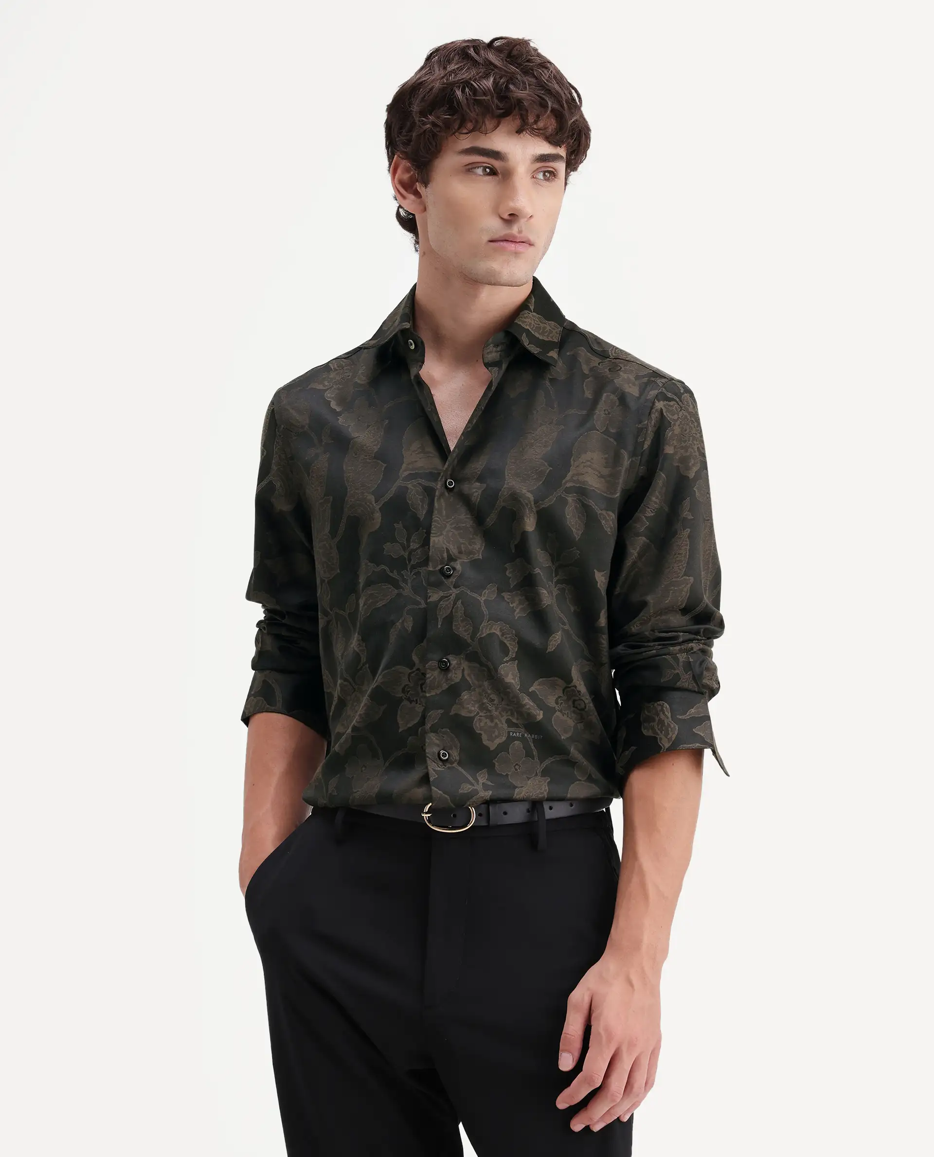 Rare Rabbit Men's Nomo Black Polyester Blend Fabric Spread Collar Regular Fit Jacquard Shirt - Image 4