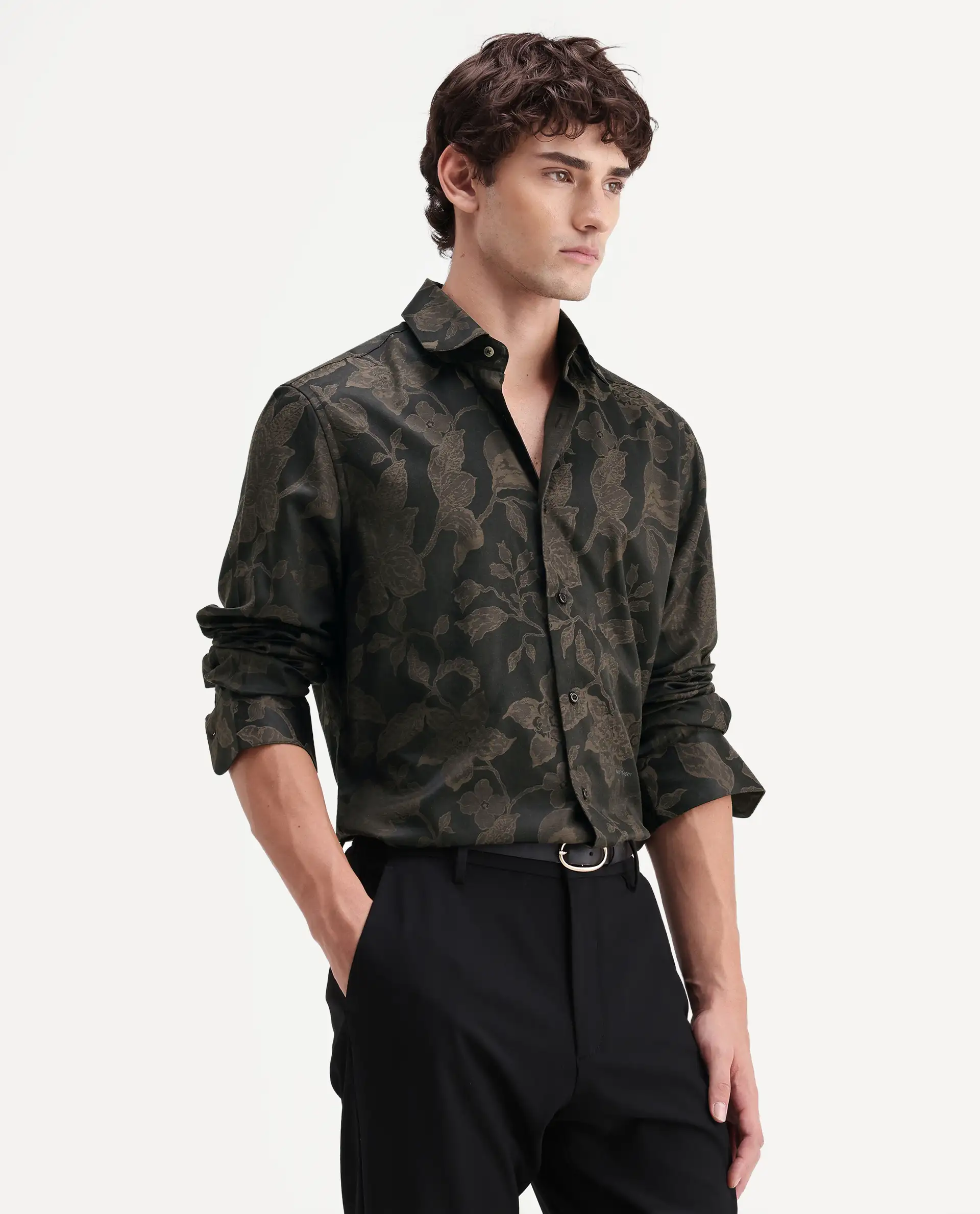Rare Rabbit Men's Nomo Black Polyester Blend Fabric Spread Collar Regular Fit Jacquard Shirt - Image 5