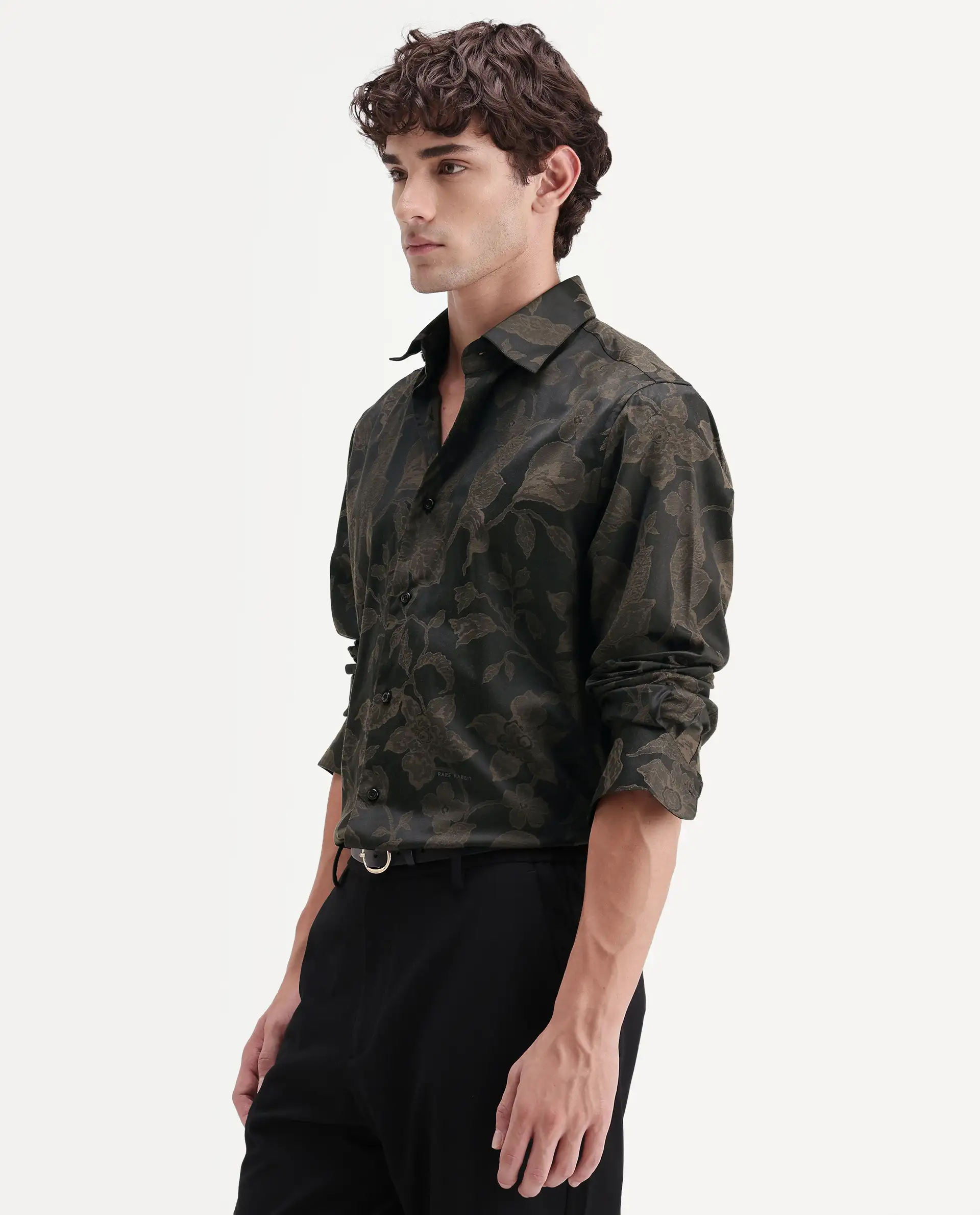 Rare Rabbit Men's Nomo Black Polyester Blend Fabric Spread Collar Regular Fit Jacquard Shirt - Image 6