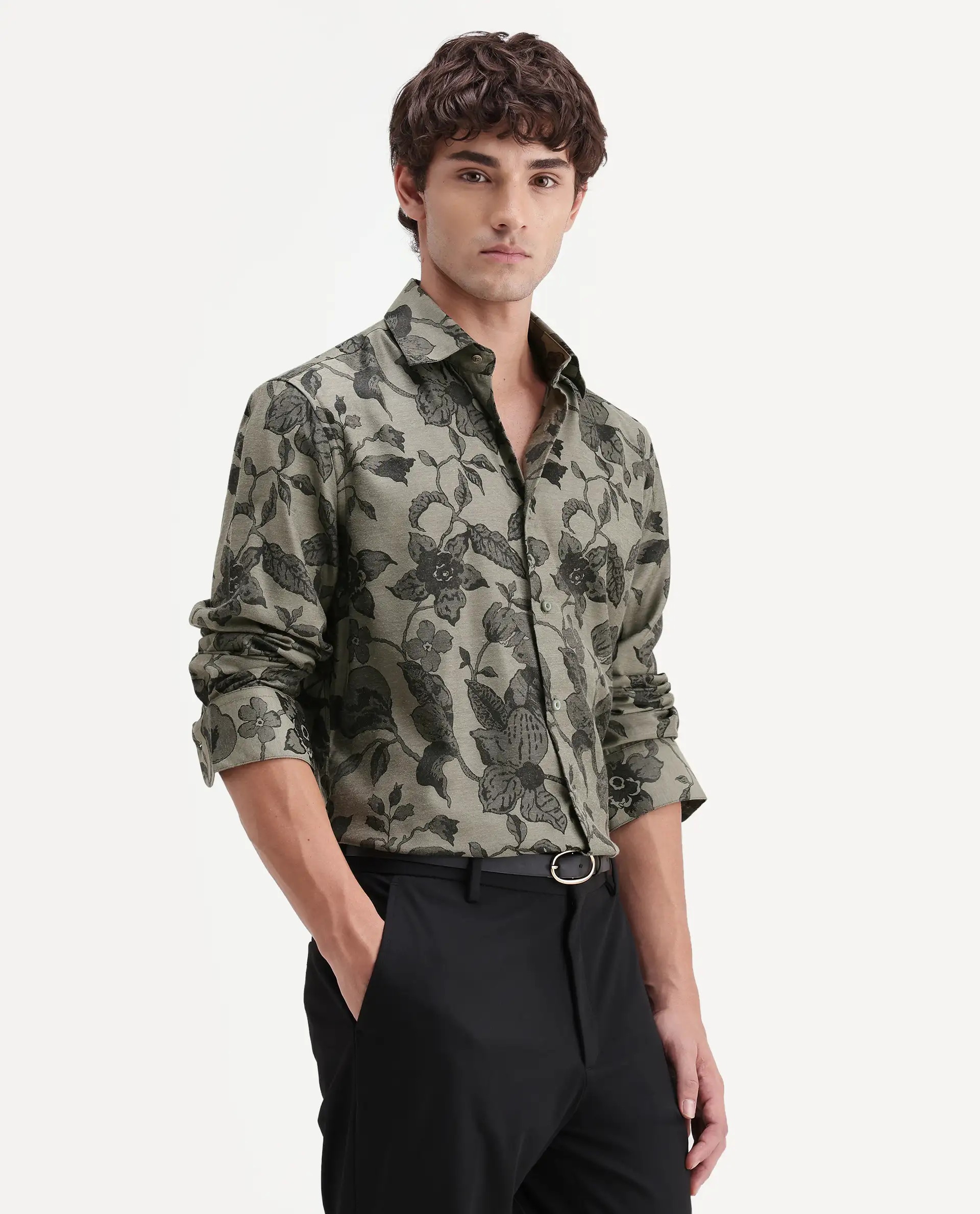 Rare Rabbit Men's Nomo Dark Green Polyester Blend Fabric Spread Collar Regular Fit Floral Print Shirt - Image 5