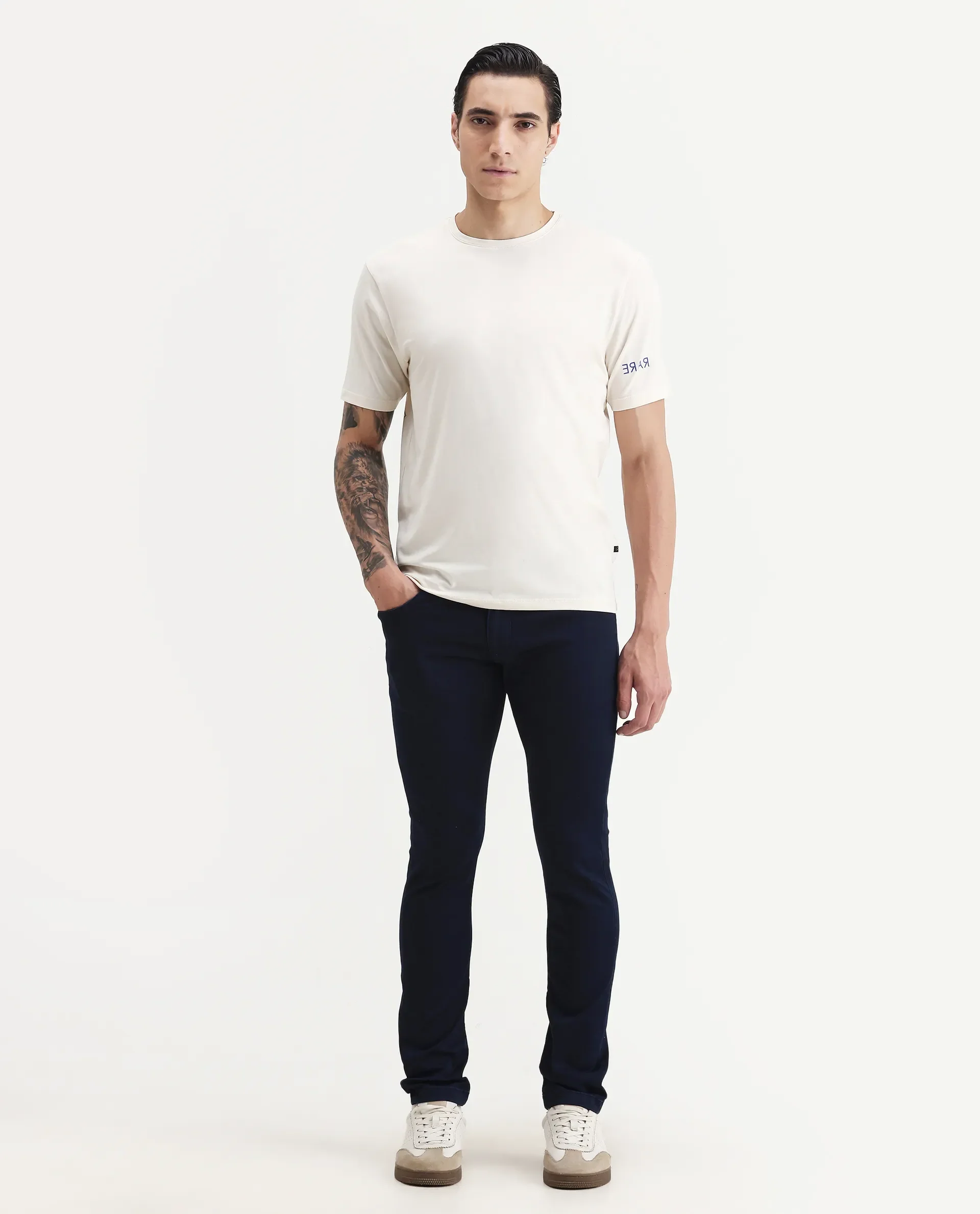 Rare Rabbit Men's Nomo Beige Cotton Blend Monogram Print Regular Fit Half Sleeve Crew Neck T-Shirt - Image 2