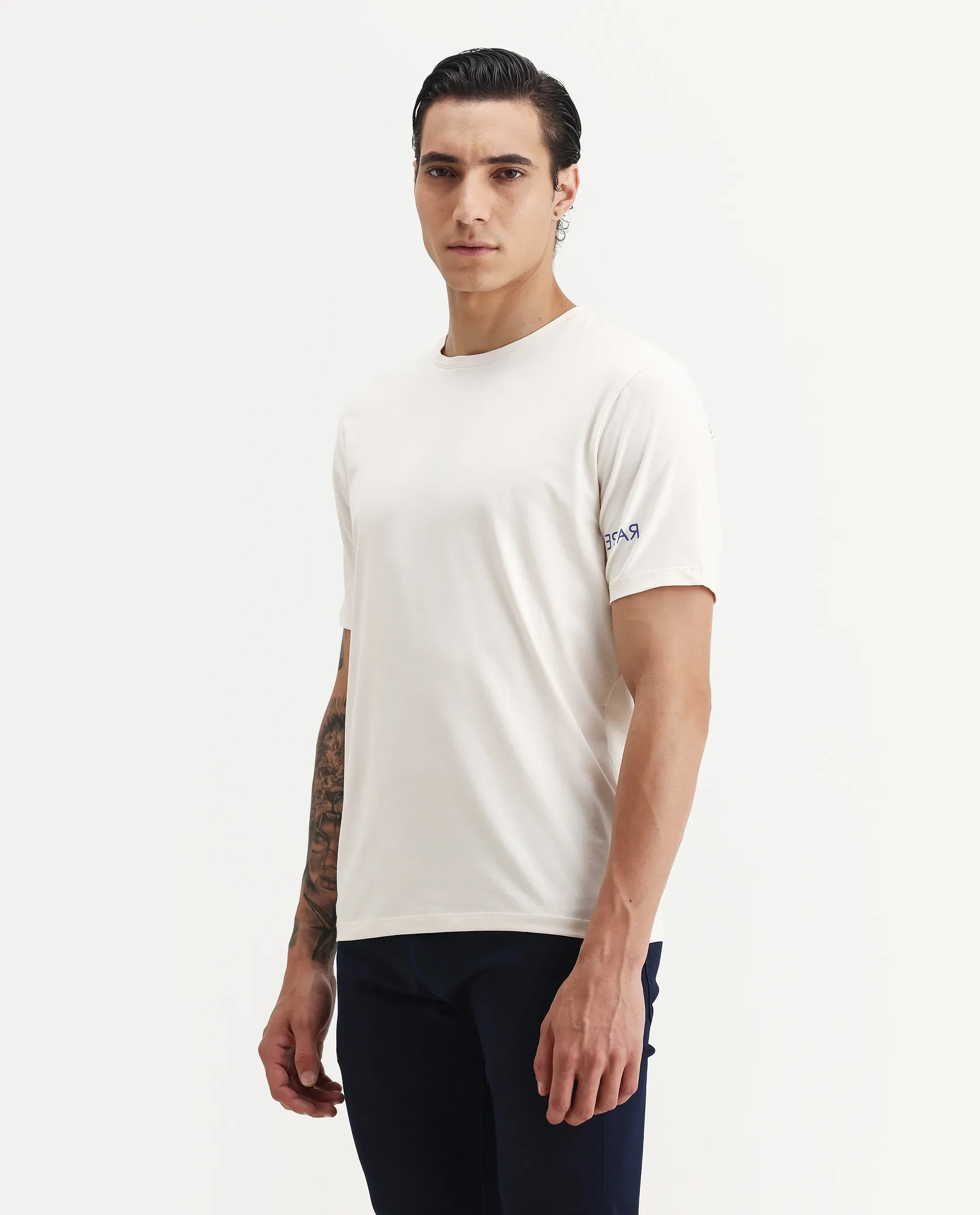 Rare Rabbit Men's Nomo Beige Cotton Blend Monogram Print Regular Fit Half Sleeve Crew Neck T-Shirt - Image 4