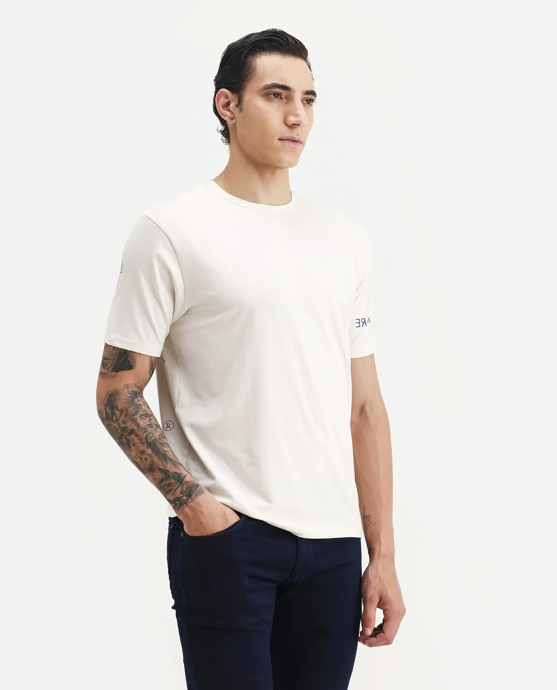 Rare Rabbit Men's Nomo Beige Cotton Blend Monogram Print Regular Fit Half Sleeve Crew Neck T-Shirt - Image 5