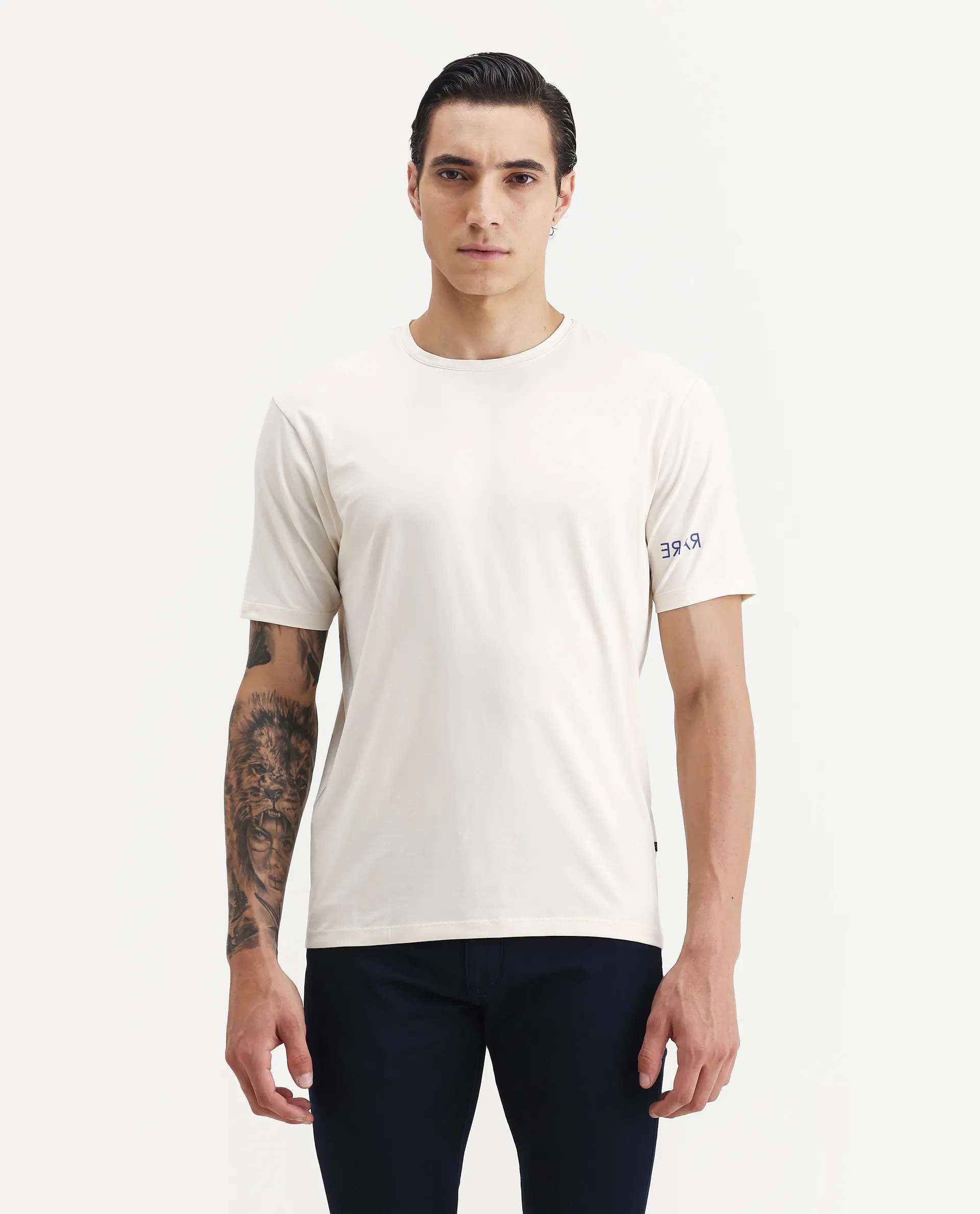 Rare Rabbit Men's Nomo Beige Cotton Blend Monogram Print Regular Fit Half Sleeve Crew Neck T-Shirt - Image 6