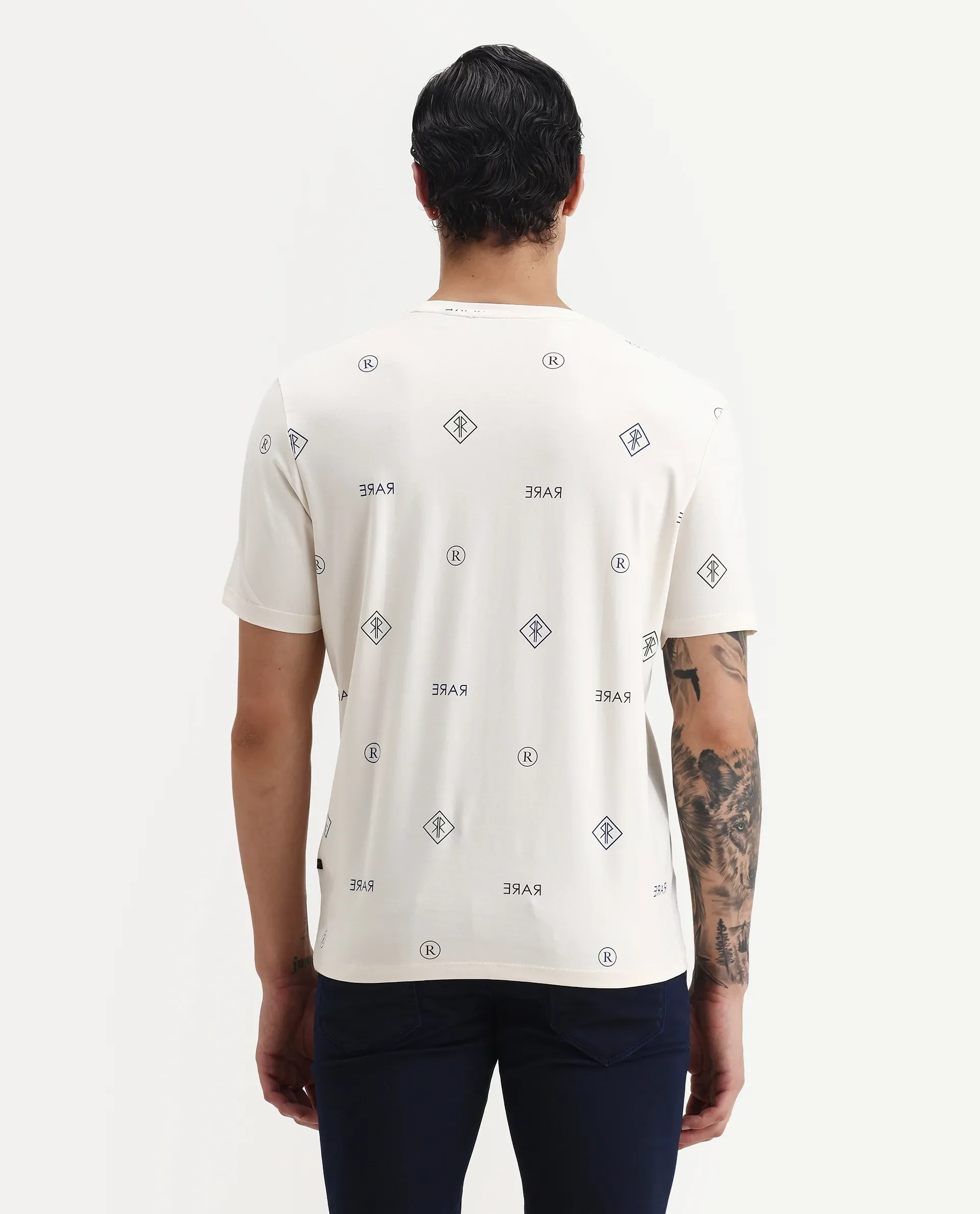 Rare Rabbit Men's Nomo Beige Cotton Blend Monogram Print Regular Fit Half Sleeve Crew Neck T-Shirt - Image 7