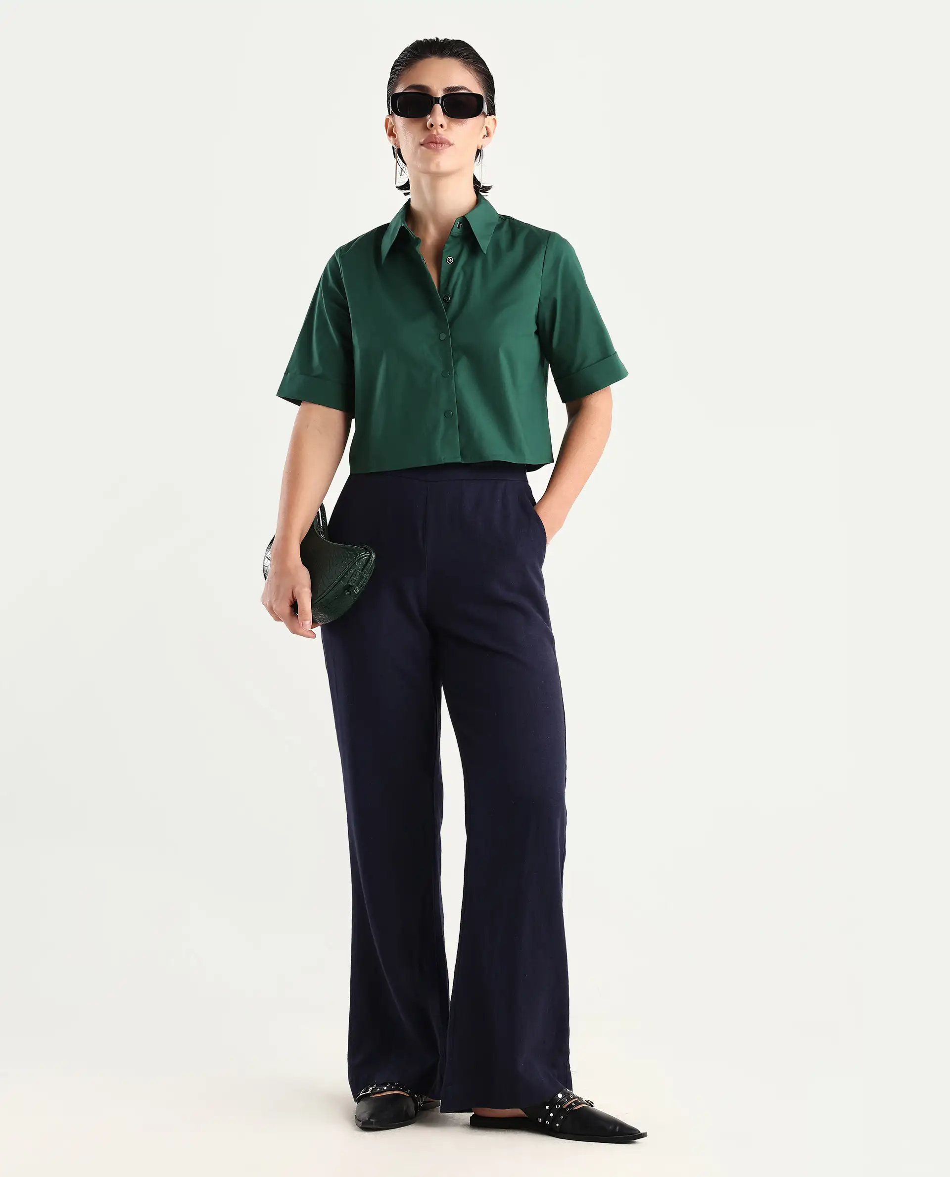 Rareism Women's Nomoli Dark Green Cotton Blend Drop Collar Plain Crop Boxy Fit Shirt - Image 2