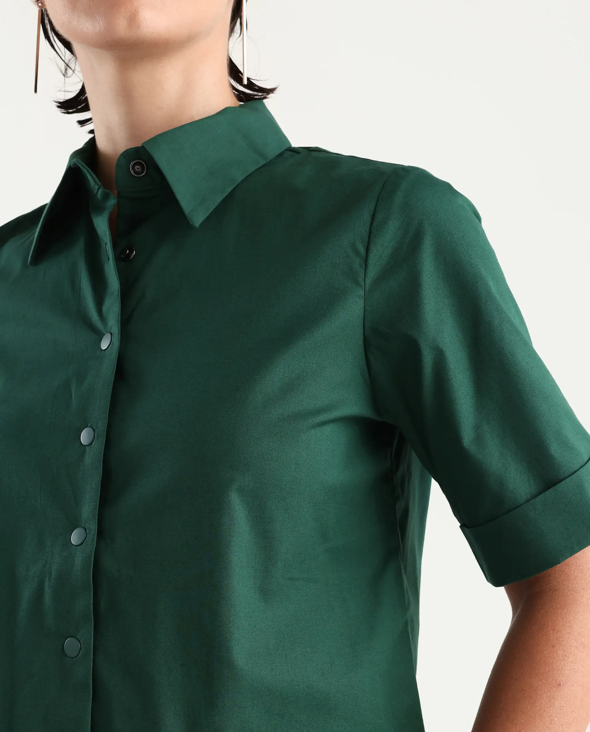 Rareism Women's Nomoli Dark Green Cotton Blend Drop Collar Plain Crop Boxy Fit Shirt - Image 3