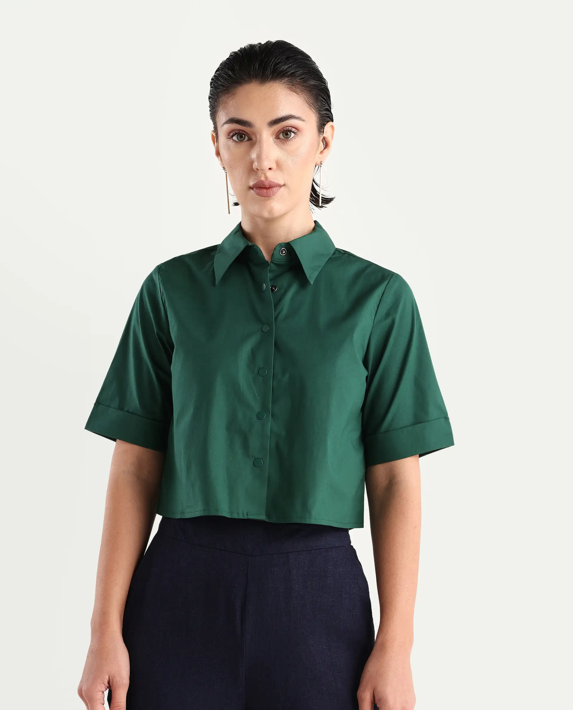 Rareism Women's Nomoli Dark Green Cotton Blend Drop Collar Plain Crop Boxy Fit Shirt - Image 4