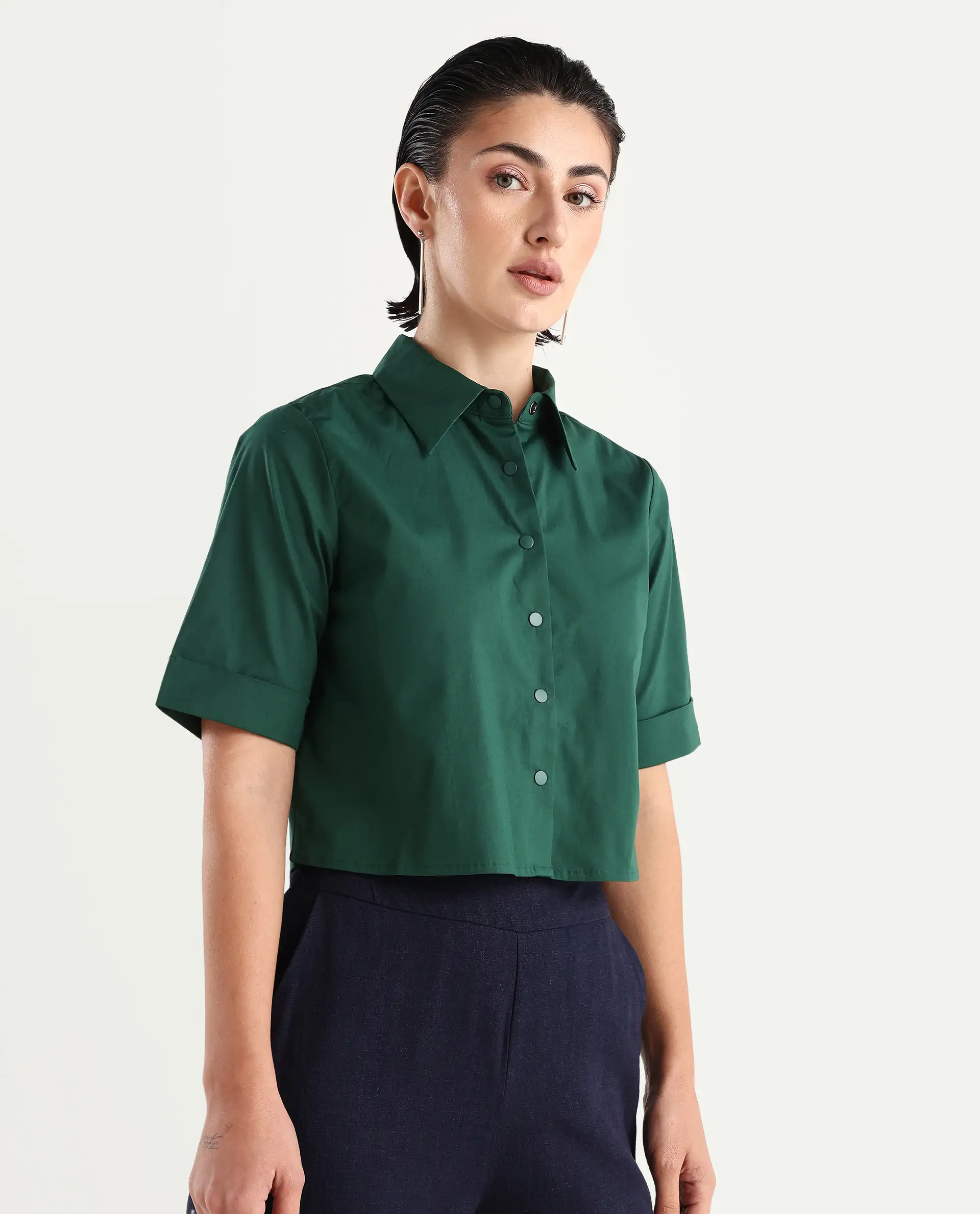 Rareism Women's Nomoli Dark Green Cotton Blend Drop Collar Plain Crop Boxy Fit Shirt - Image 6