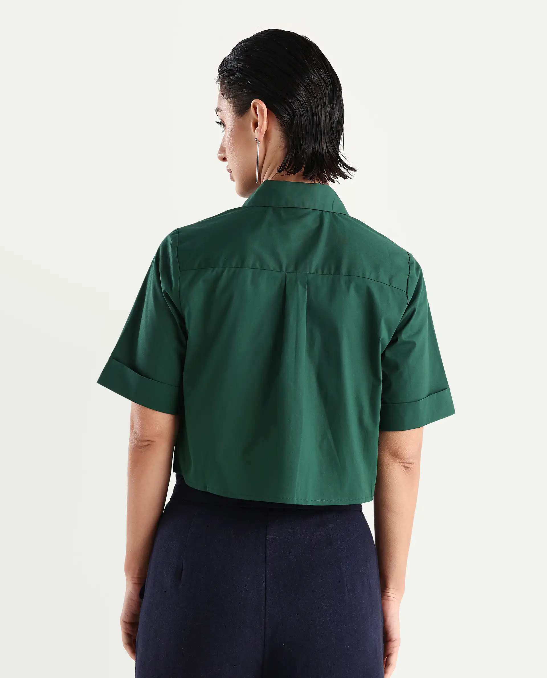 Rareism Women's Nomoli Dark Green Cotton Blend Drop Collar Plain Crop Boxy Fit Shirt - Image 7