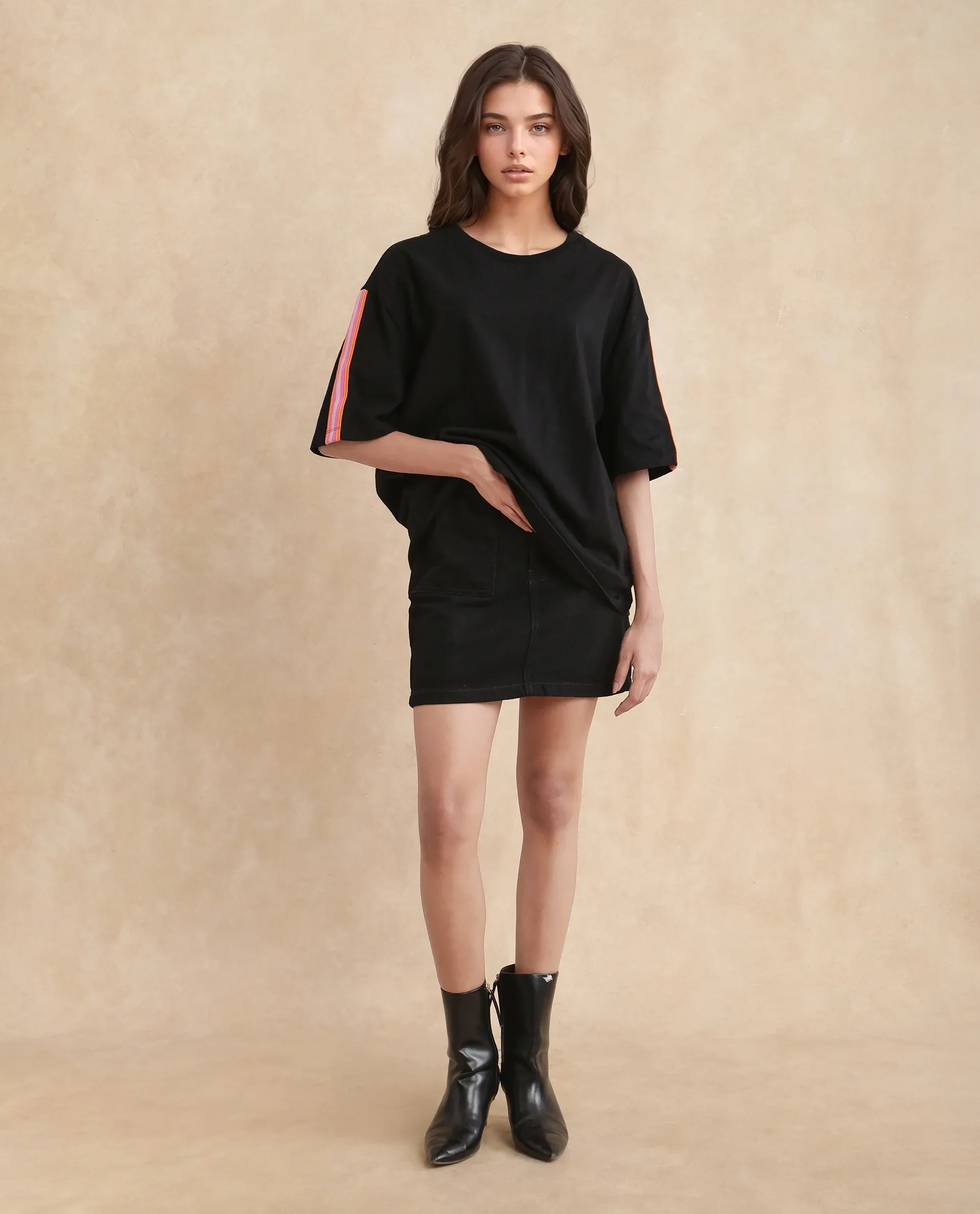 Rareism Women's Nonwen T Black Polyester Blend Crew Neck Striped Oversized T-Shirt Oversize - Image 10