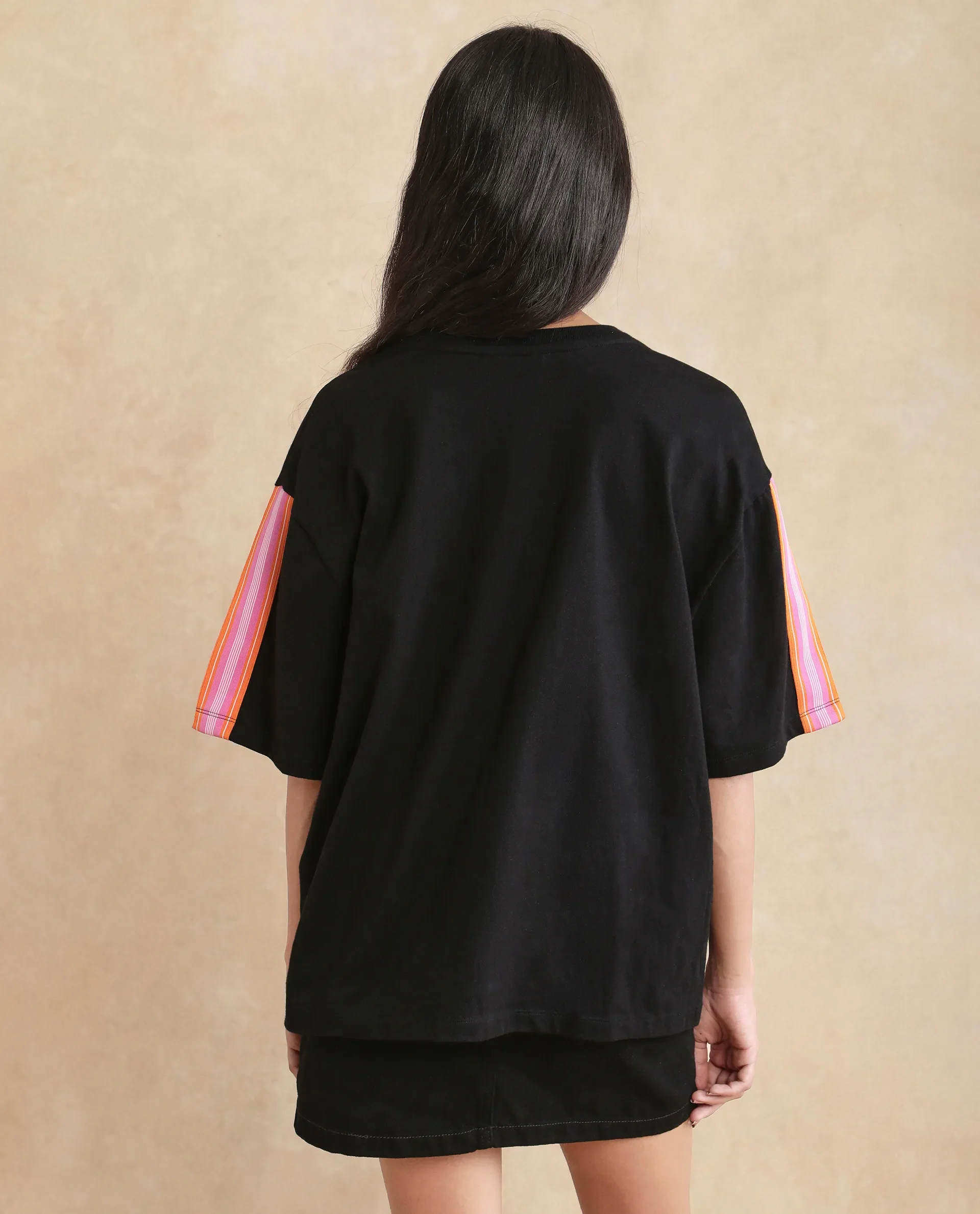 Rareism Women's Nonwen T Black Polyester Blend Crew Neck Striped Oversized T-Shirt Oversize - Image 11
