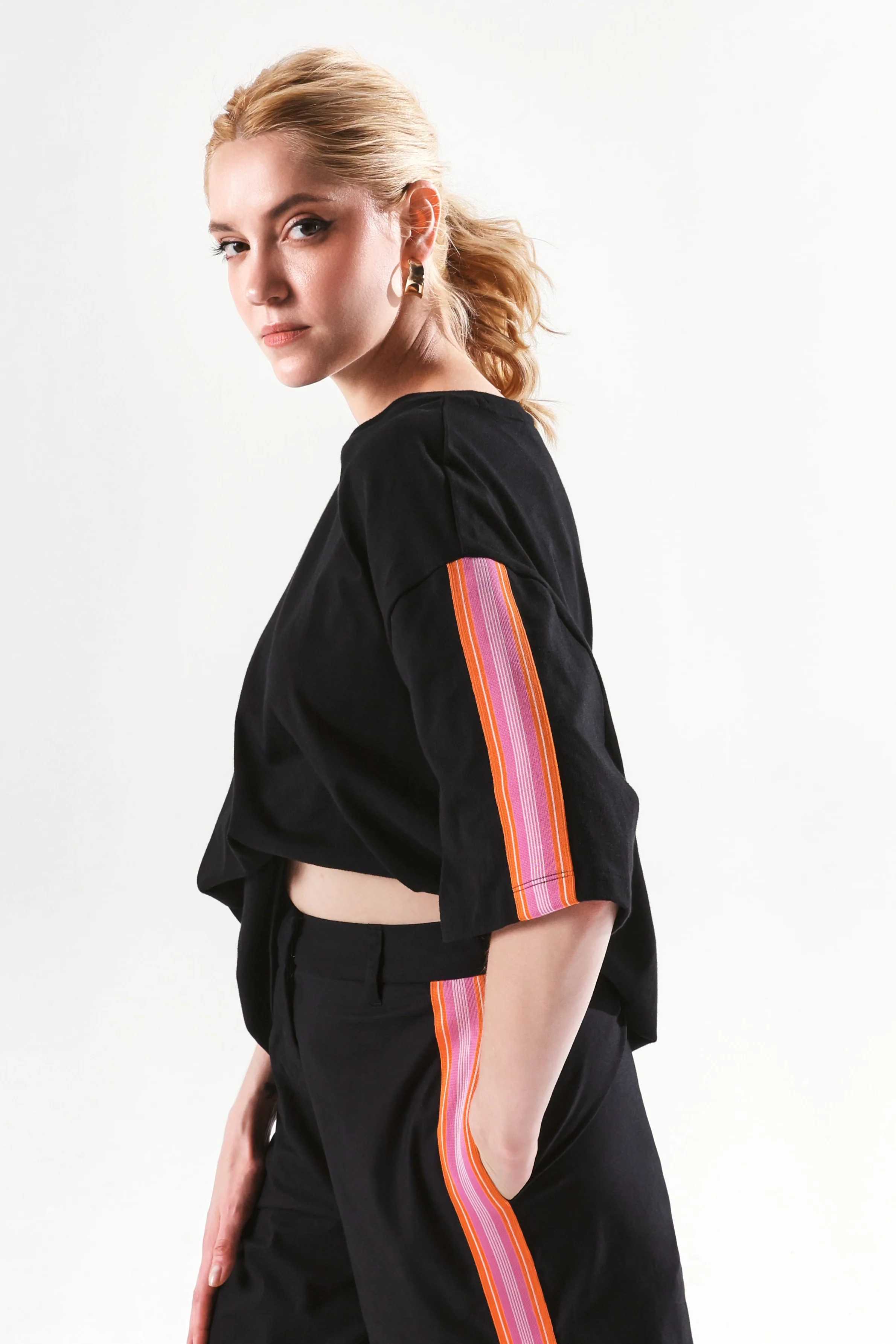 Rareism Women's Nonwen T Black Polyester Blend Crew Neck Striped Oversized T-Shirt Oversize - Image 2