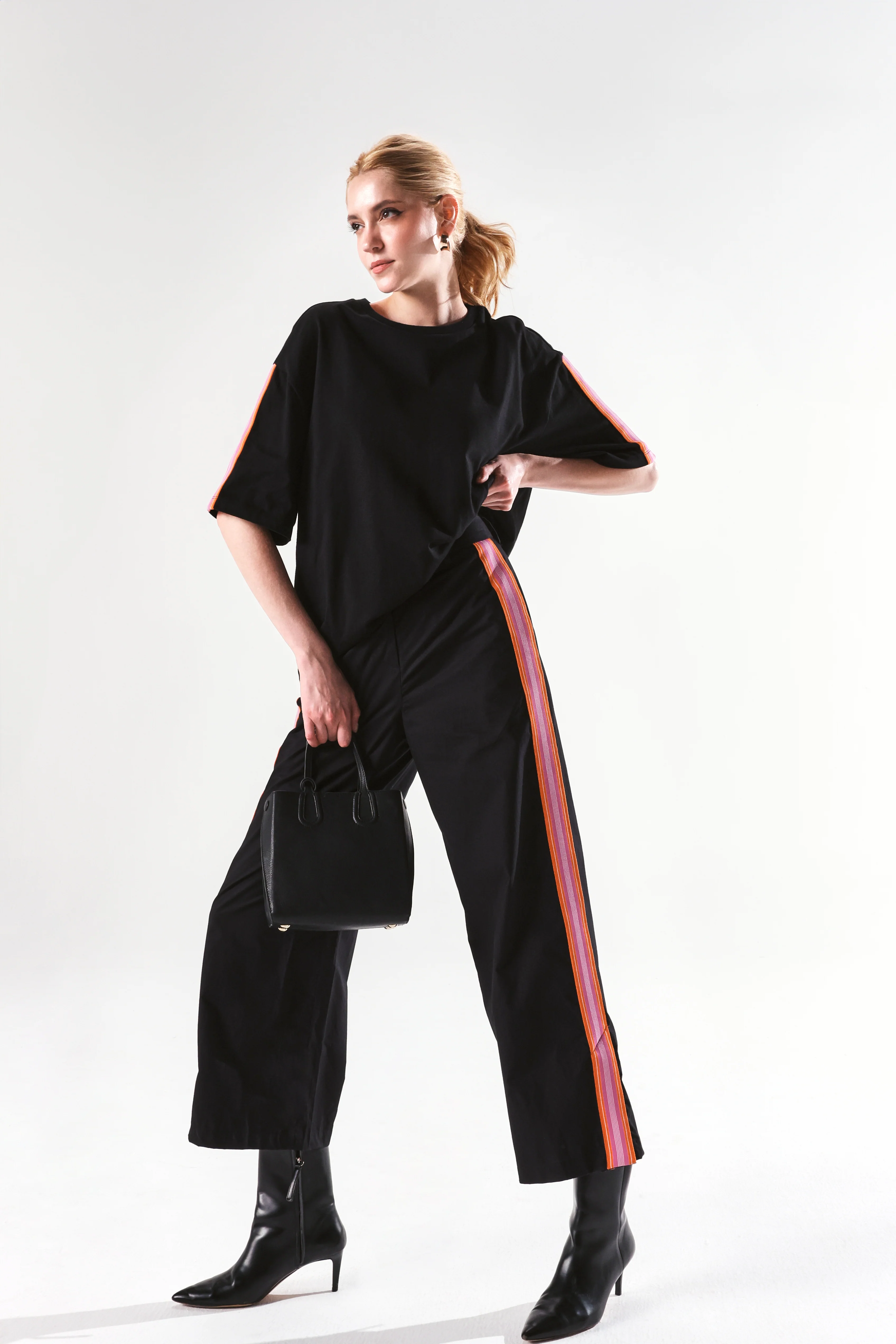 Rareism Women's Nonwen T Black Polyester Blend Crew Neck Striped Oversized T-Shirt Oversize - Image 4