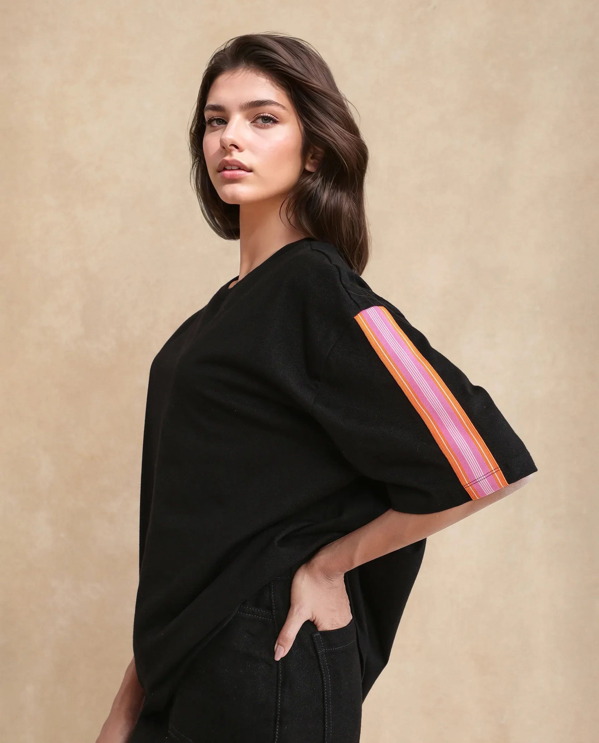 Rareism Women's Nonwen T Black Polyester Blend Crew Neck Striped Oversized T-Shirt Oversize - Image 5