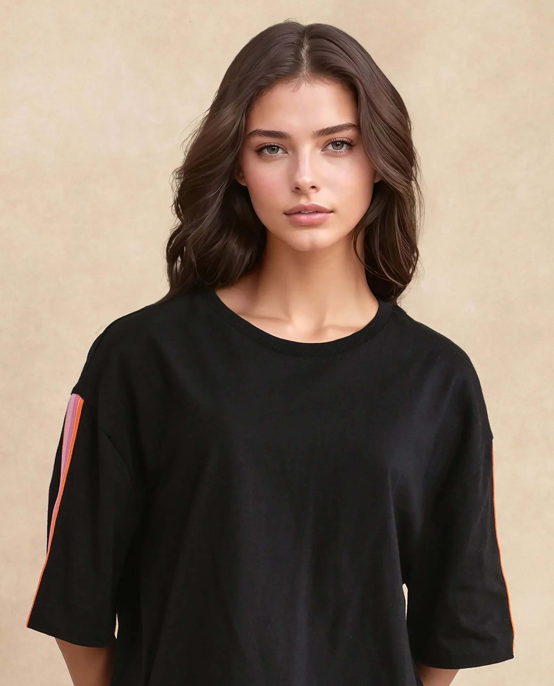 Rareism Women's Nonwen T Black Polyester Blend Crew Neck Striped Oversized T-Shirt Oversize - Image 6