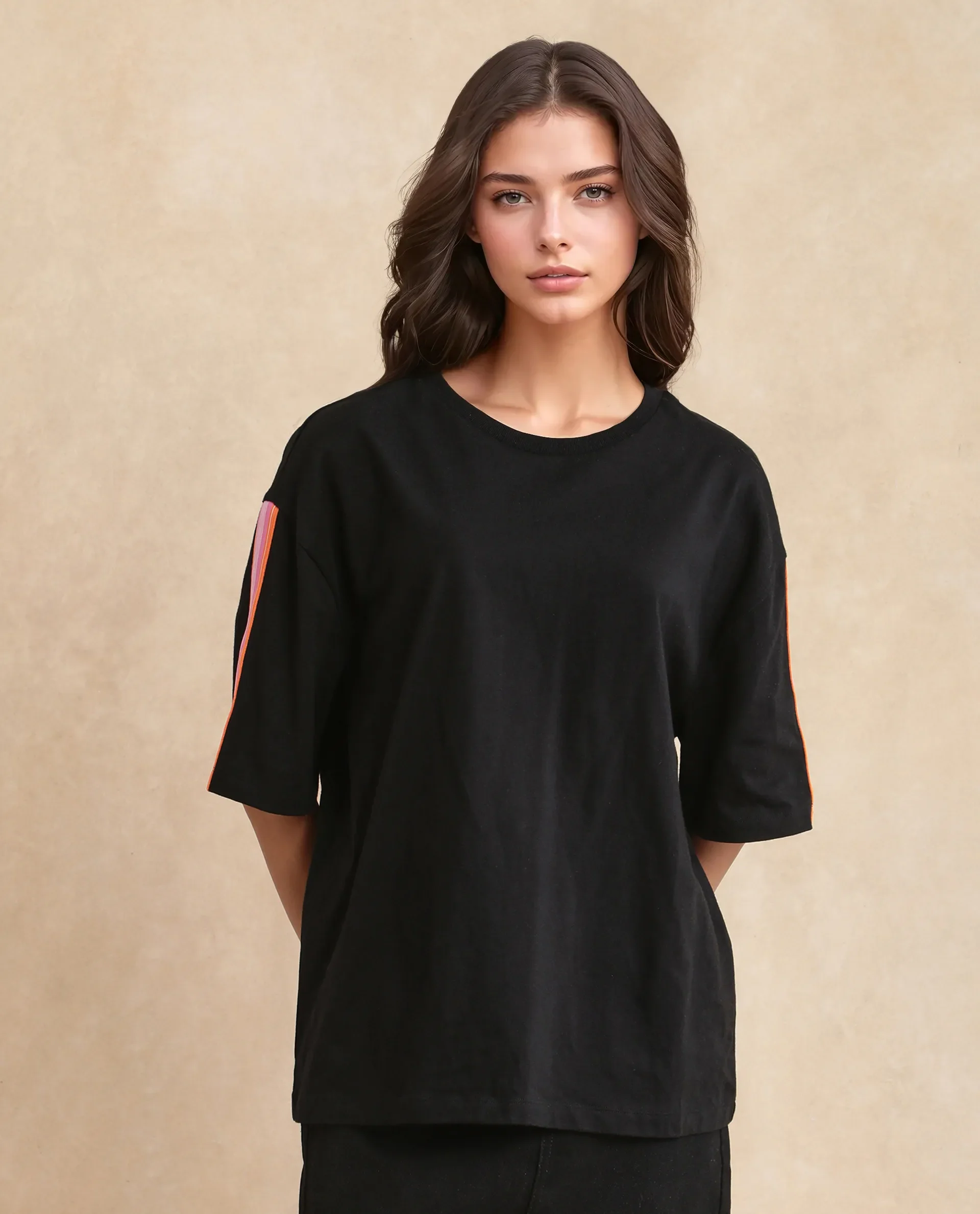 Rareism Women's Nonwen T Black Polyester Blend Crew Neck Striped Oversized T-Shirt Oversize - Image 7