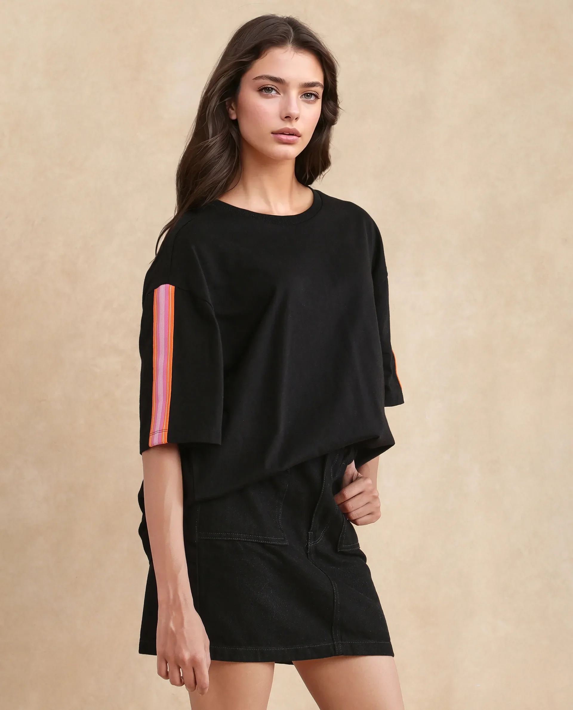 Rareism Women's Nonwen T Black Polyester Blend Crew Neck Striped Oversized T-Shirt Oversize - Image 8